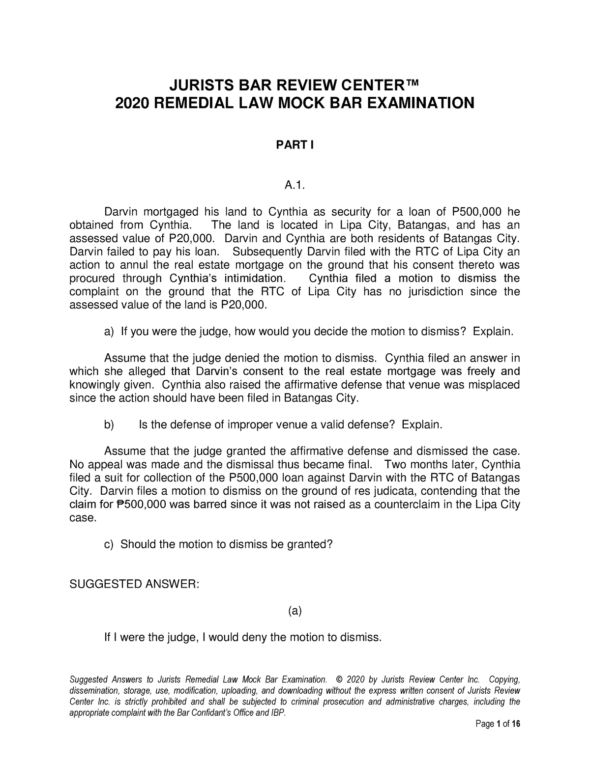 Toaz - Mock Bar - Suggested Answers To Jurists Remedial Law Mock Bar ...