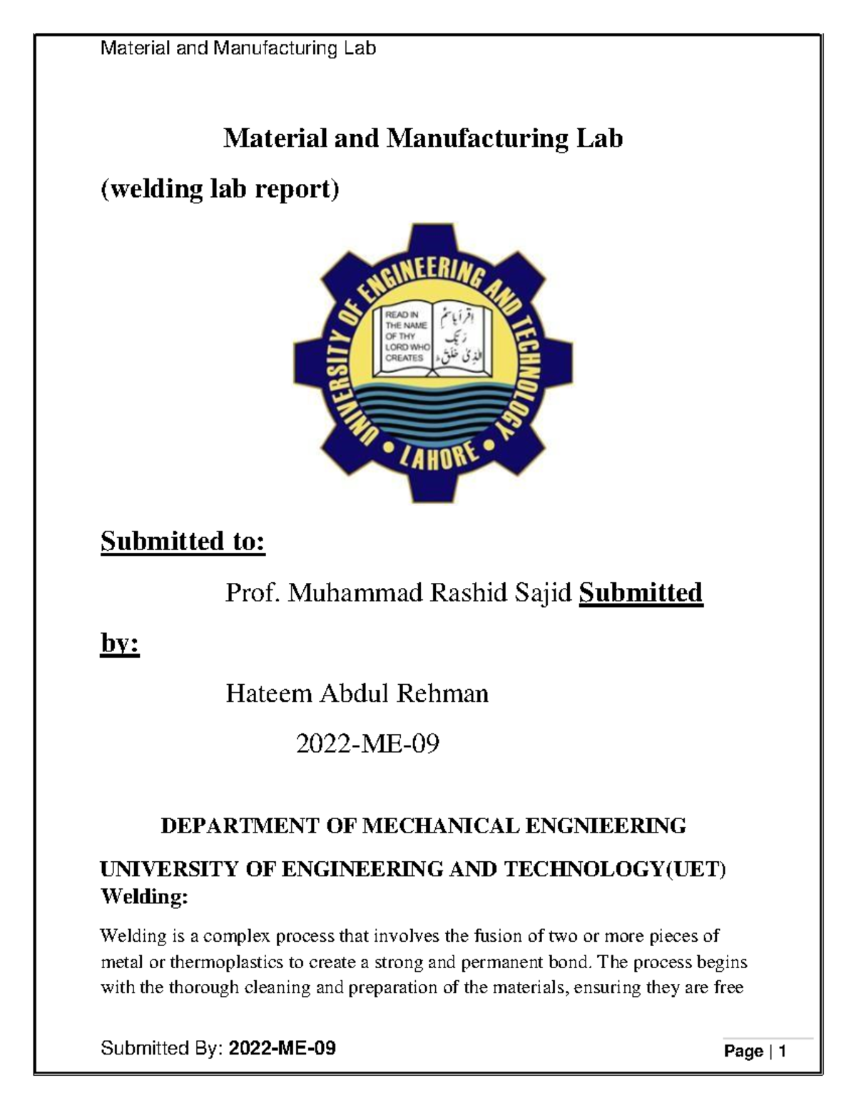 Welding LAB Report 01 Material and Manufacturing Lab (welding lab
