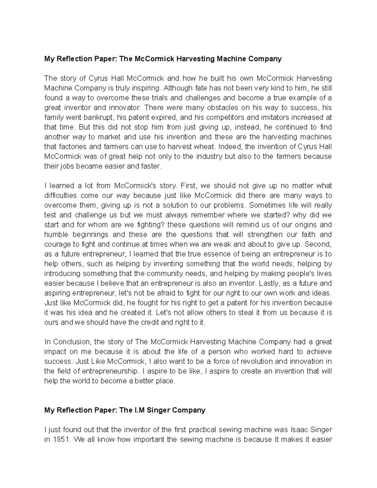 Refelection Paper - Although fate has not been very kind to him, he ...