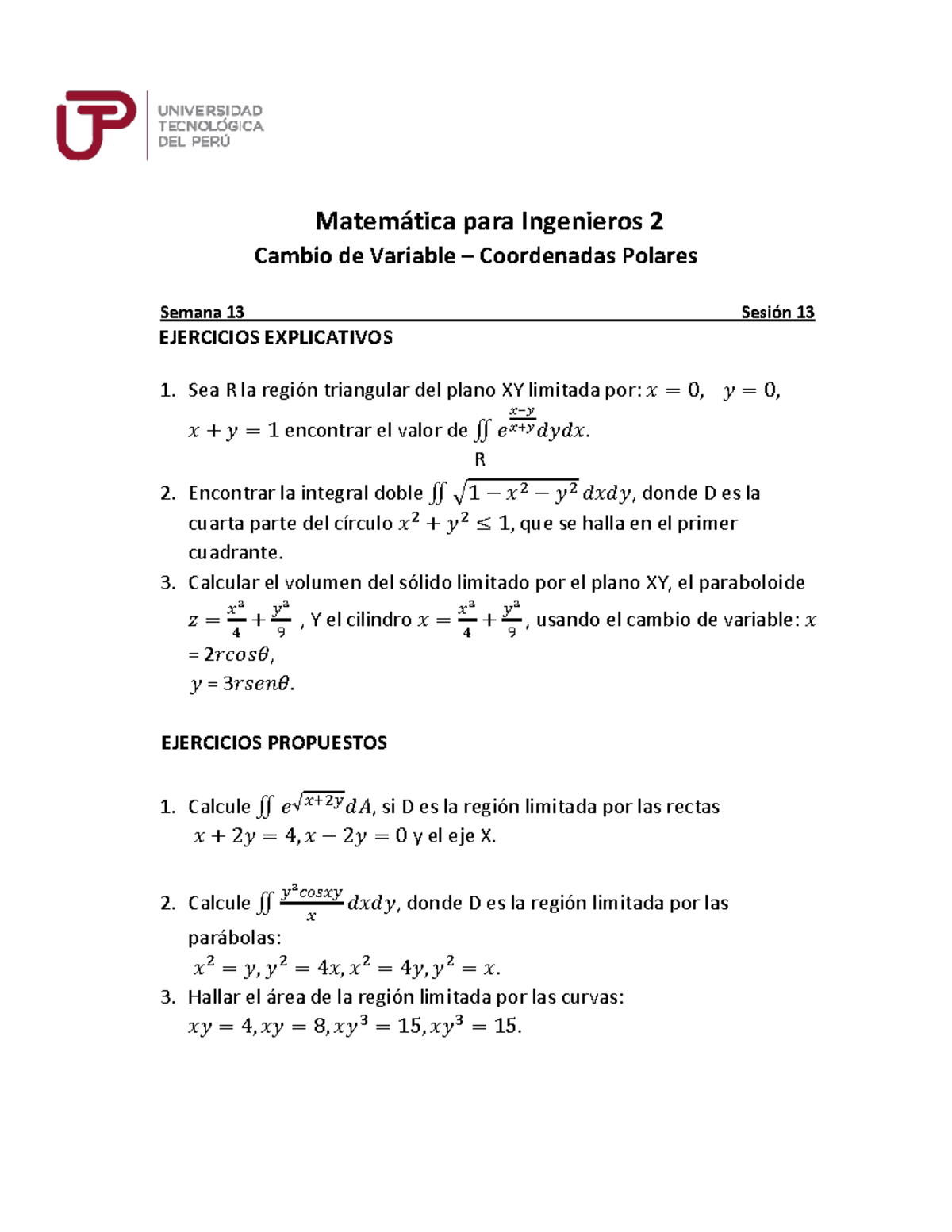 Separata Sem 13 Ses 13 Teoria Matematica Para Ingenieros 2 Cambio De Variable Coordenadas Studocu