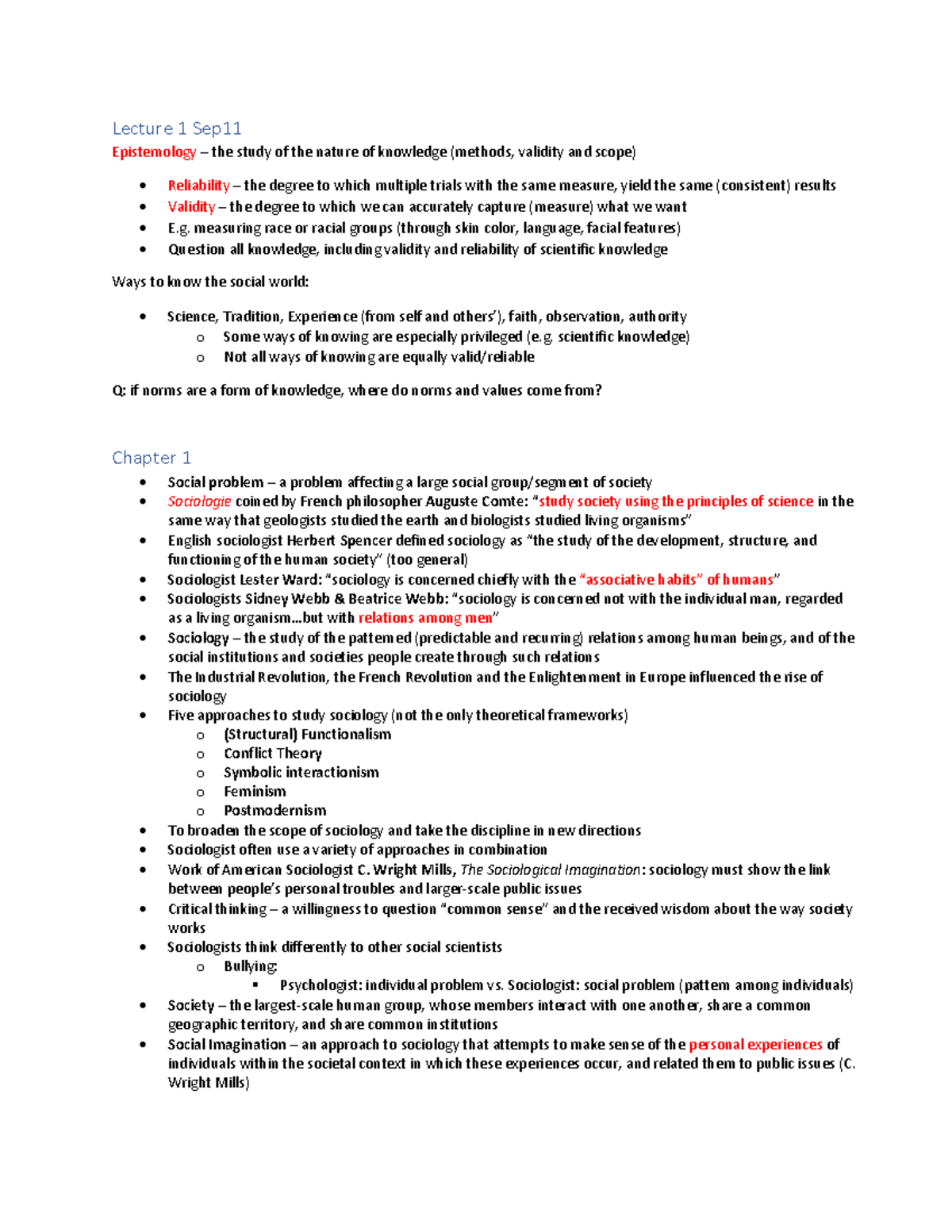 Soc100 Sociology Lecture 1 & Chapter 1 Notes - Lecture 1 Sep ...