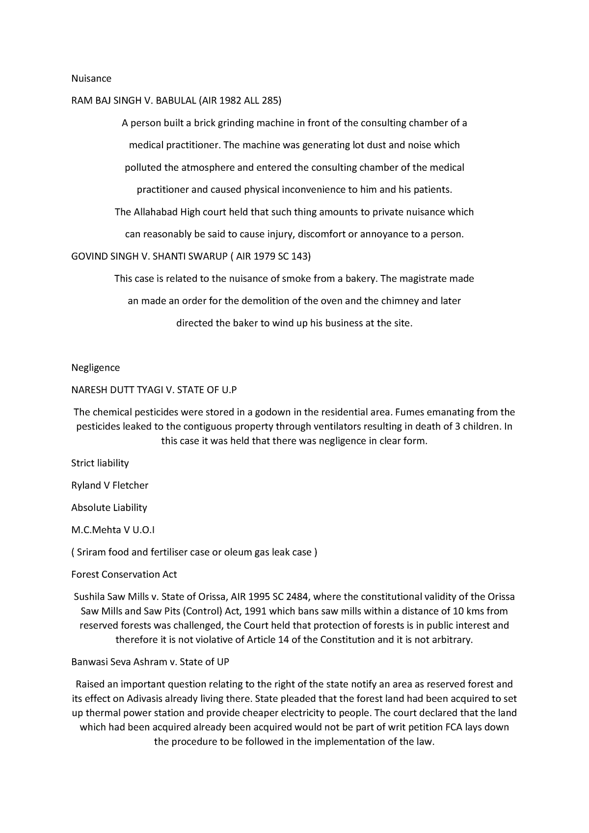 Case laws of environmental law - Nuisance RAM BAJ SINGH V. BABULAL (AIR ...