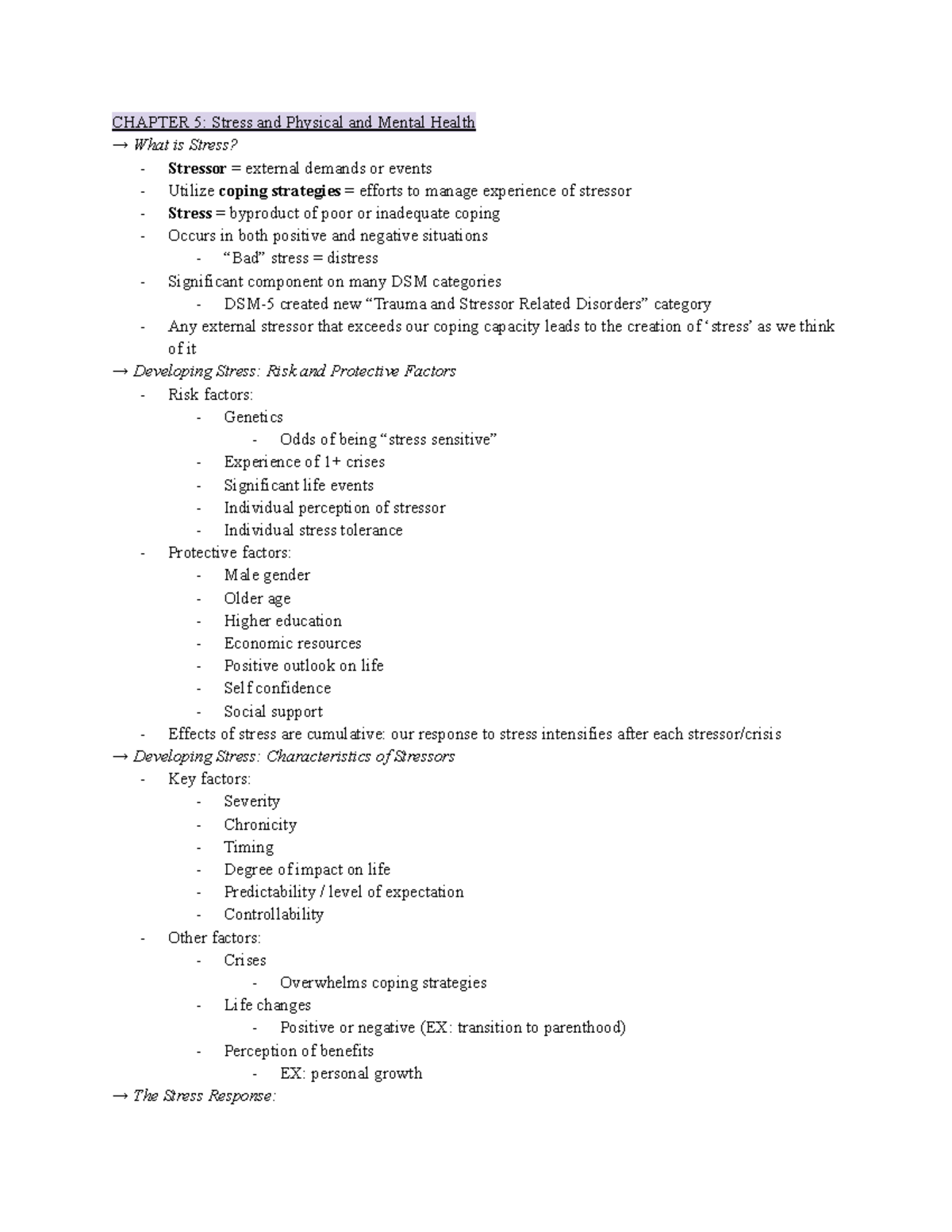 PSYC 306 Lecture Notes (Exam #2) - CHAPTER 5: Stress and Physical and ...