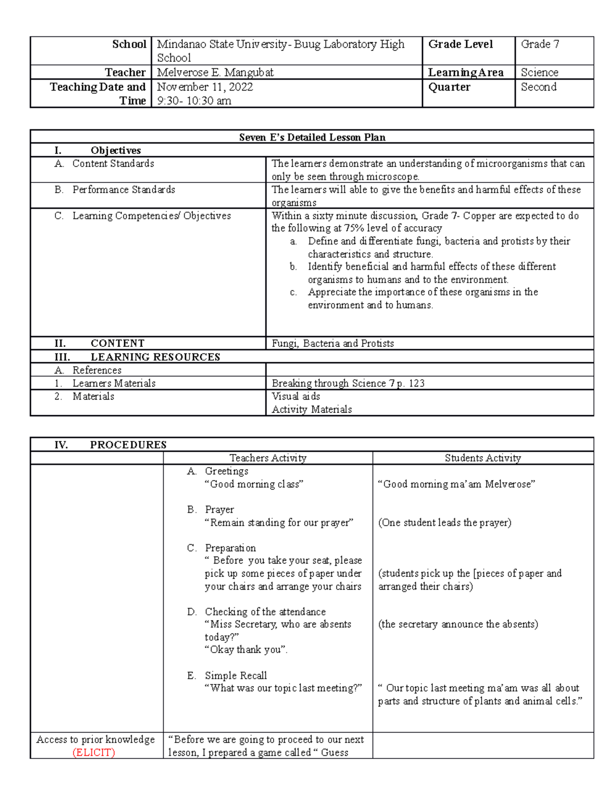 Microorganisms Lesson PLAN - School Mindanao State University- Buug ...