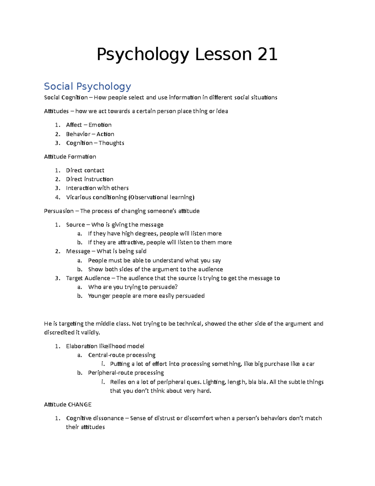 Psychology Lesson 21 - Lecture notes 21 - Psychology Lesson 21 Social ...