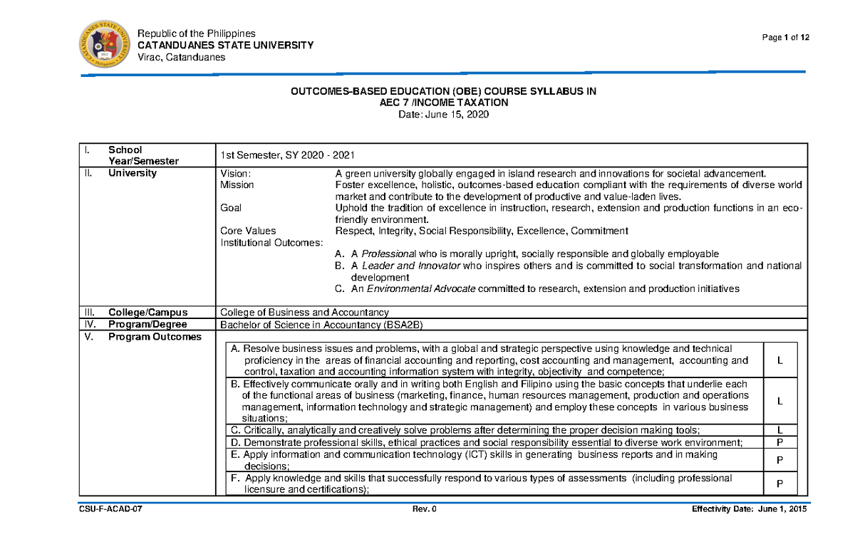 Taxation 1 BSA syllabus - Page 1 of 12 CATANDUANES STATE UNIVERSITY ...