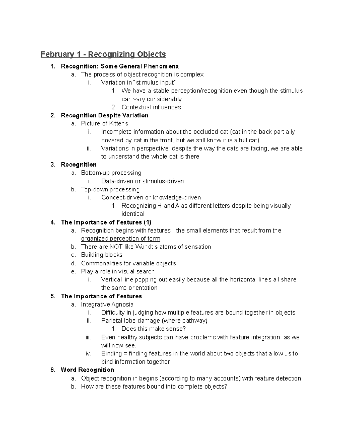 PSYC 301 Lecture Notes - February - February 1 - Recognizing Objects ...