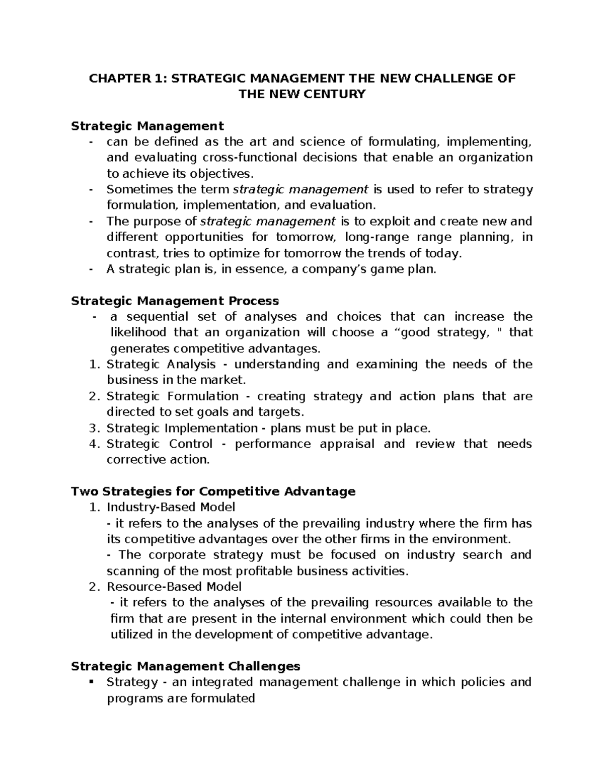 Strategic Mgmt Chapter 1 - CHAPTER 1: STRATEGIC MANAGEMENT THE NEW ...