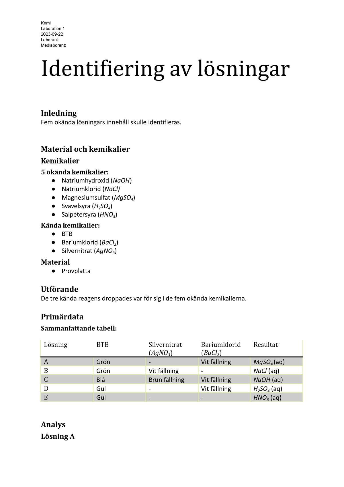 Identifiering Av Lösningar. Lab 1 - Labbrapport. - Kemi Laboration 1 ...