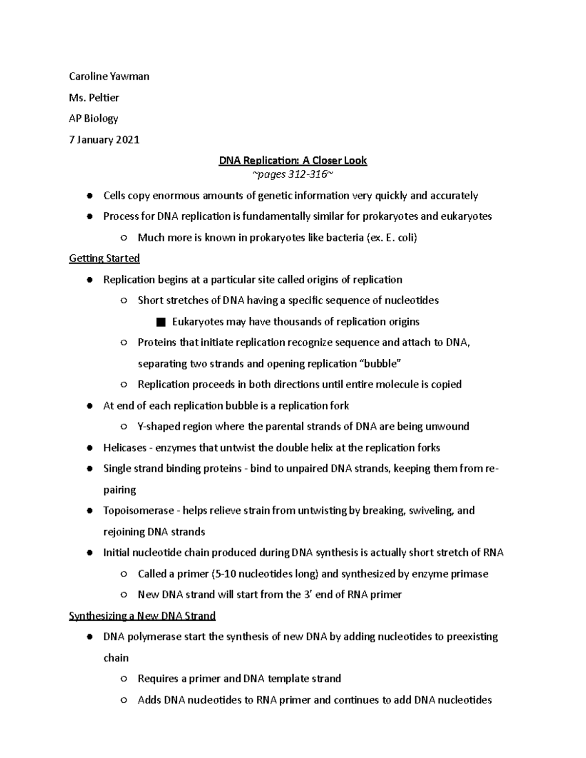 DNA Replication Notes Pages 312-316 - Caroline Yawman Ms. Peltier AP ...