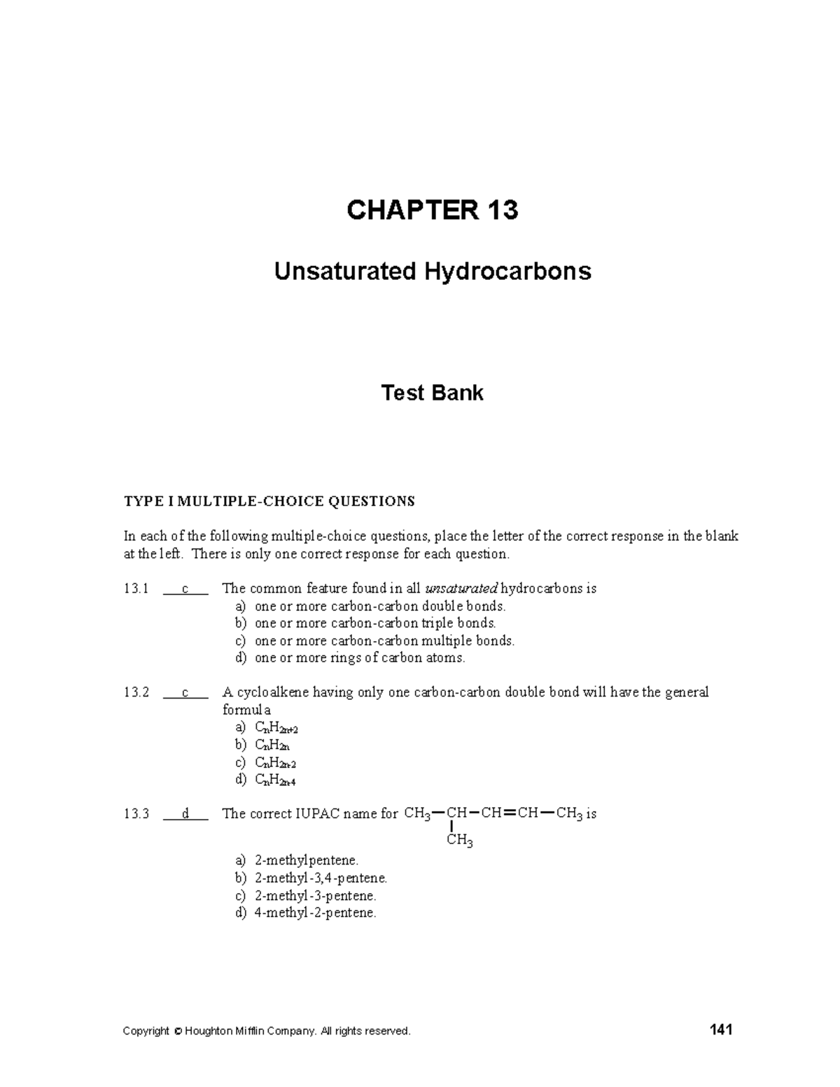 Tb ch13 - CHAPTER 13 Unsaturated Hydrocarbons Test Bank TYPE I MULTIPLE ...