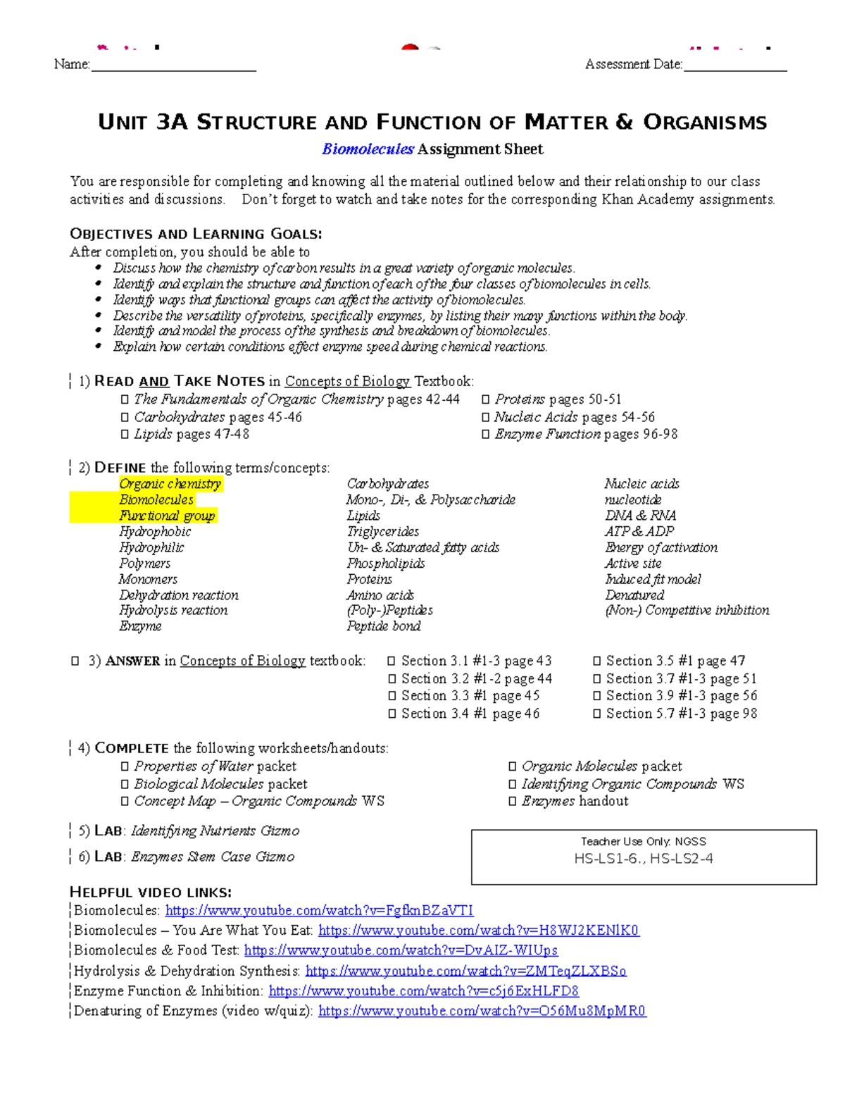 Biomolecules Assignment Sheet UNIT 3A STRUCTURE AND FUNCTION OF