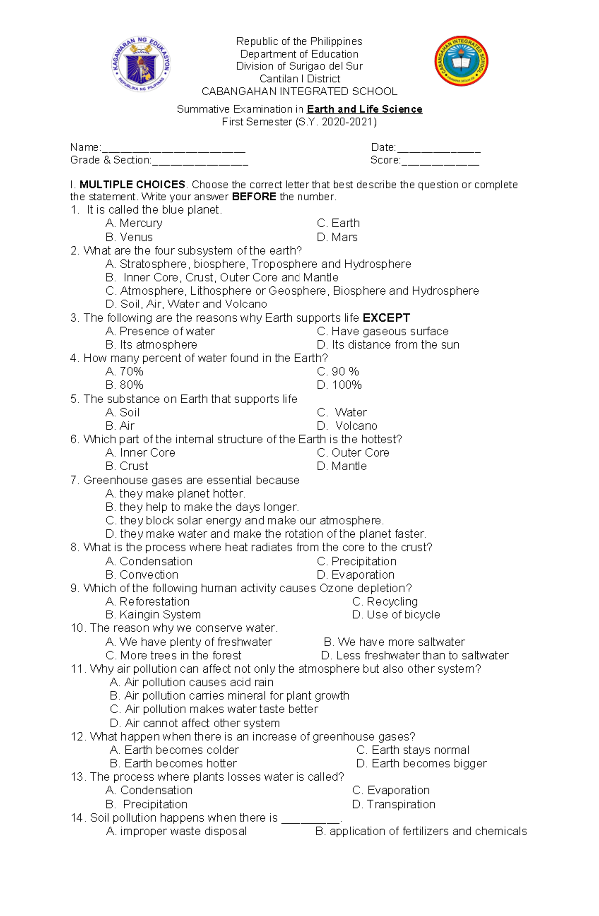 Week 1&2 Summative Exam in Earth and Life Science - Republic of the ...