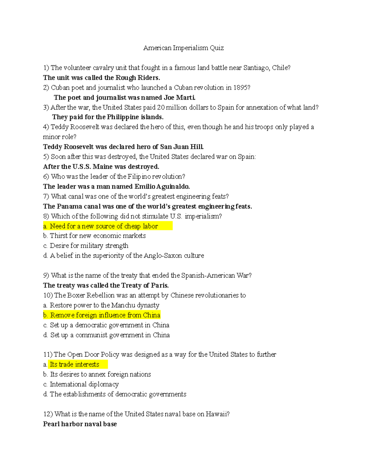 Copy of Emma Diaz American Imperialism Quiz Online American