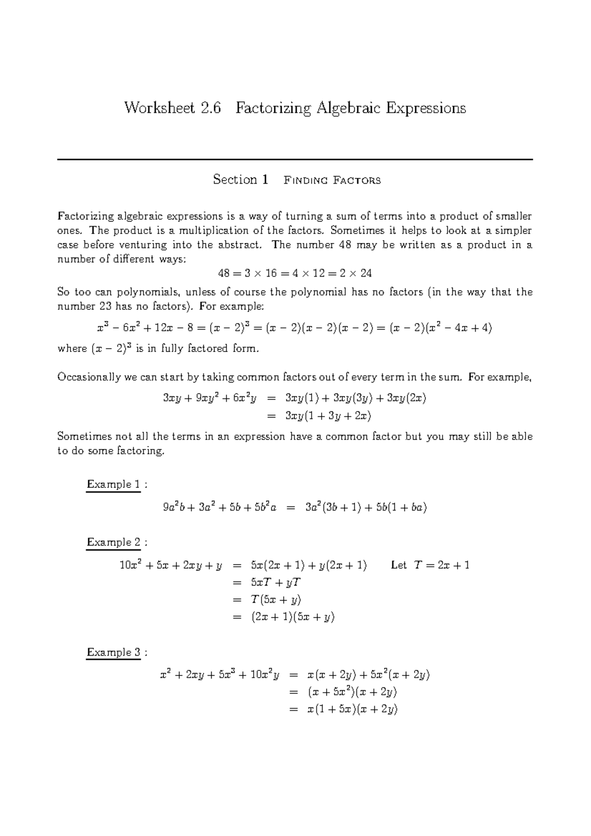 Factorization Exercises Algebra 05 557 Uoc Studocu