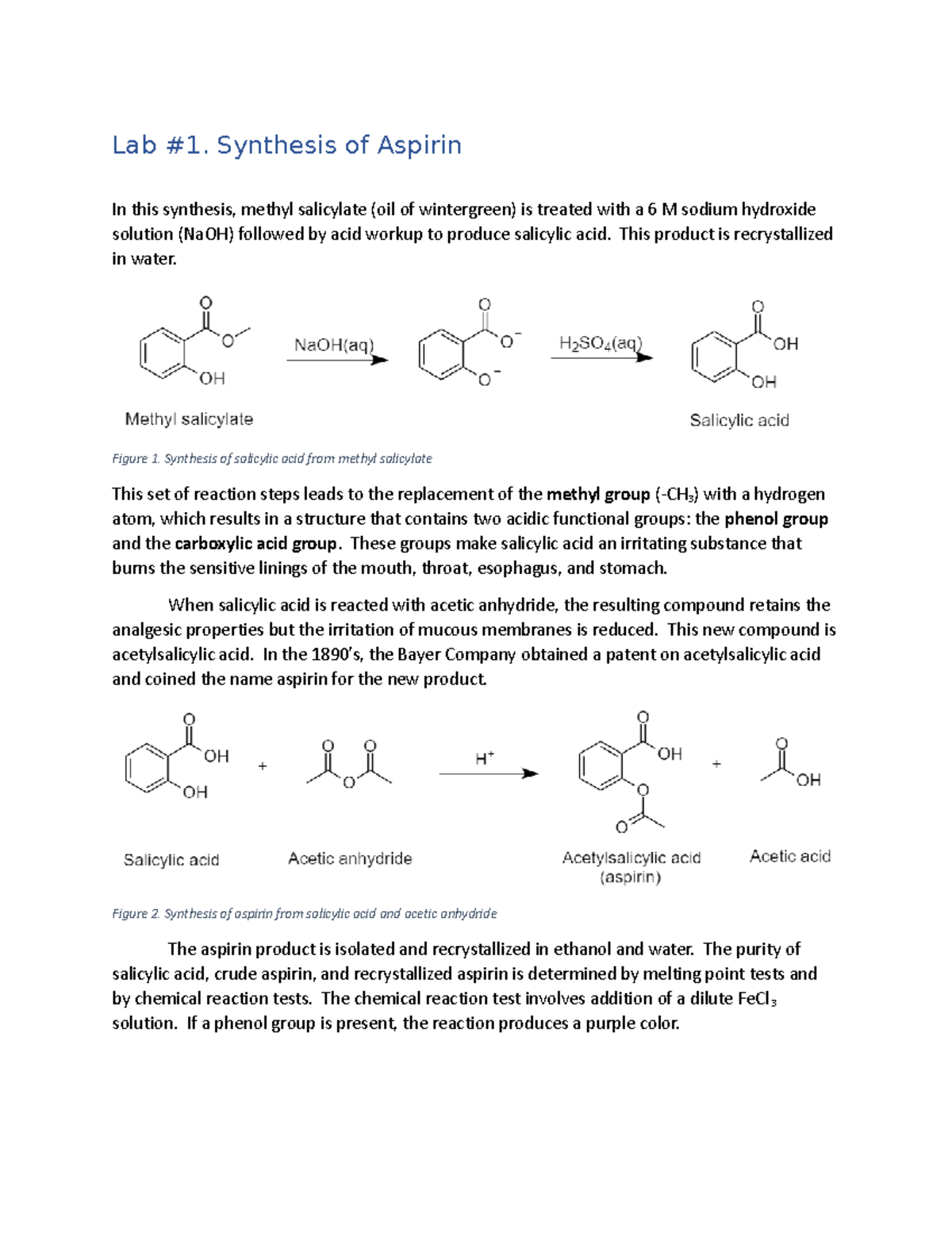 Aspirin Synthesis Lab Work Lab 1 Synthesis Of Aspirin In This Synthesis Methyl Salicylate 7722