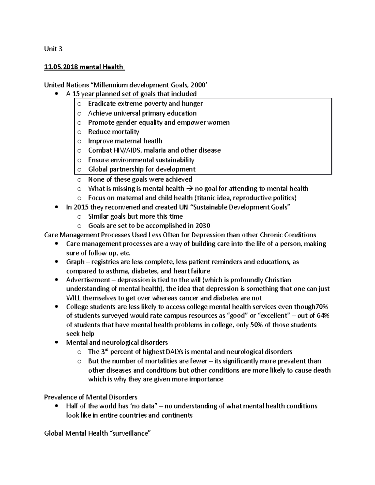 Global Health Unit 3 Unit 3 11.05 mental Health United Nations