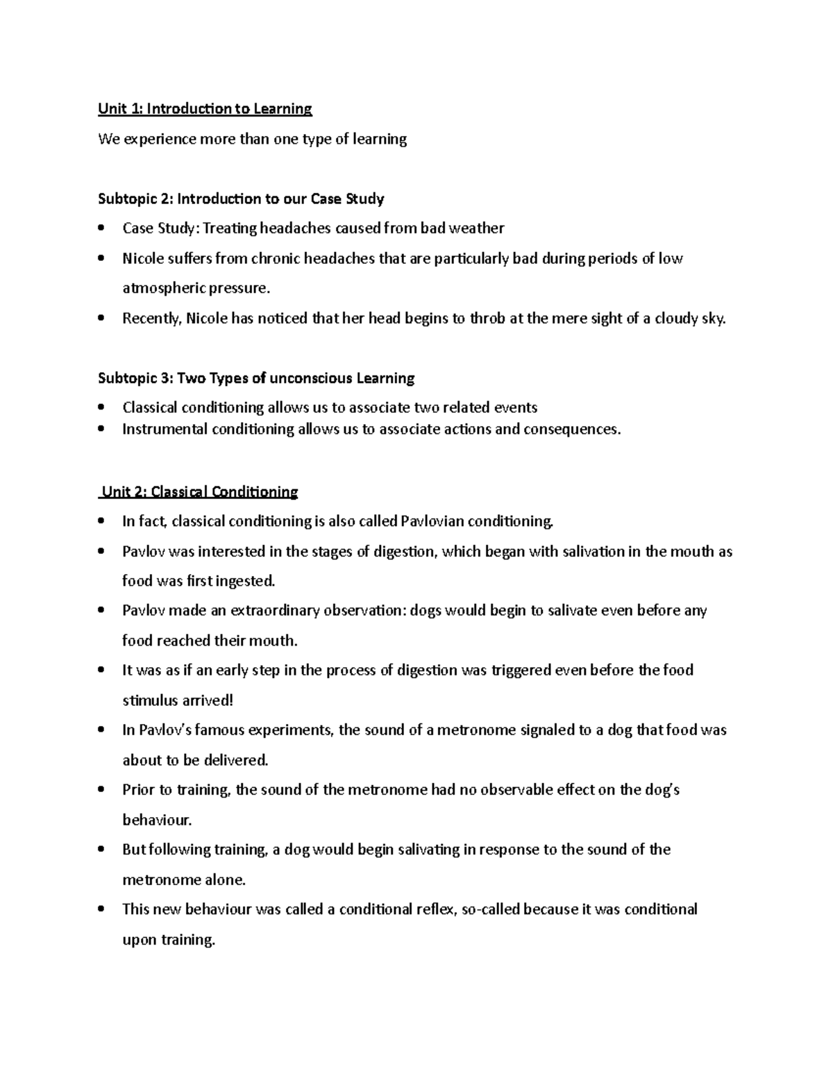 Classical Conditioning - Unit 1: Introducion to Learning We experience ...