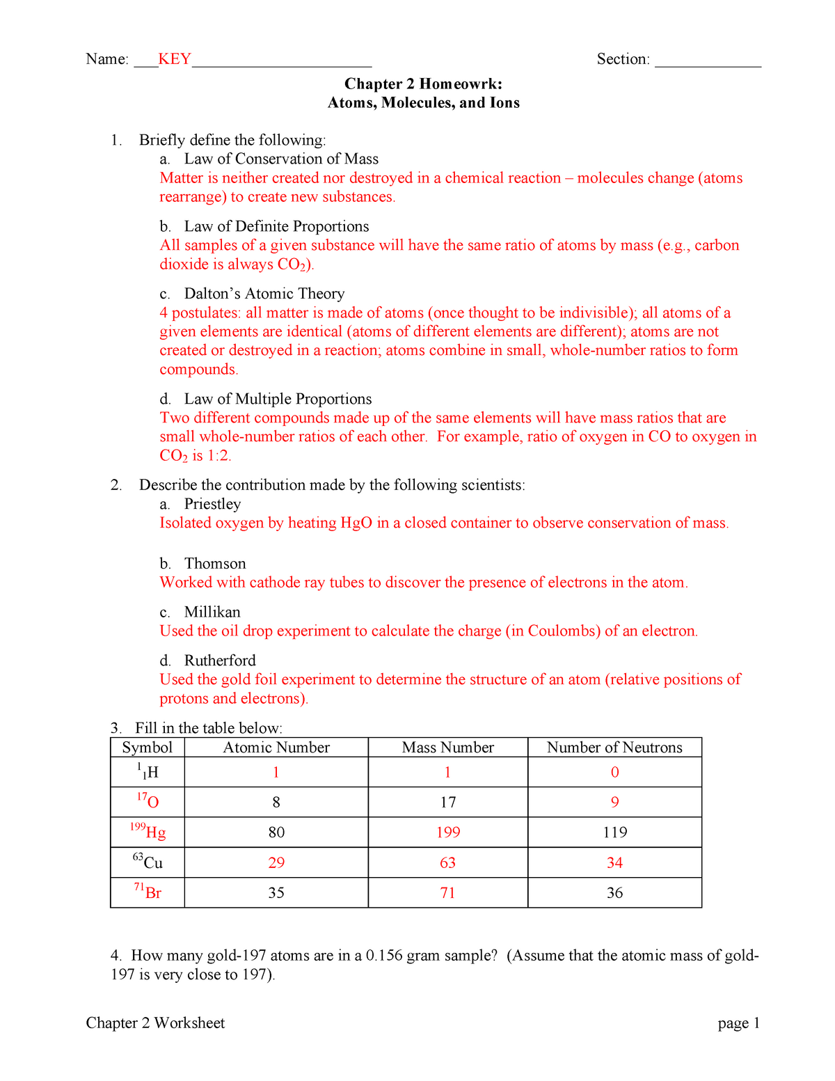 CHEM Worksheet - Name: KEY___________________ Section: ______ Inside Atoms And Molecules Worksheet