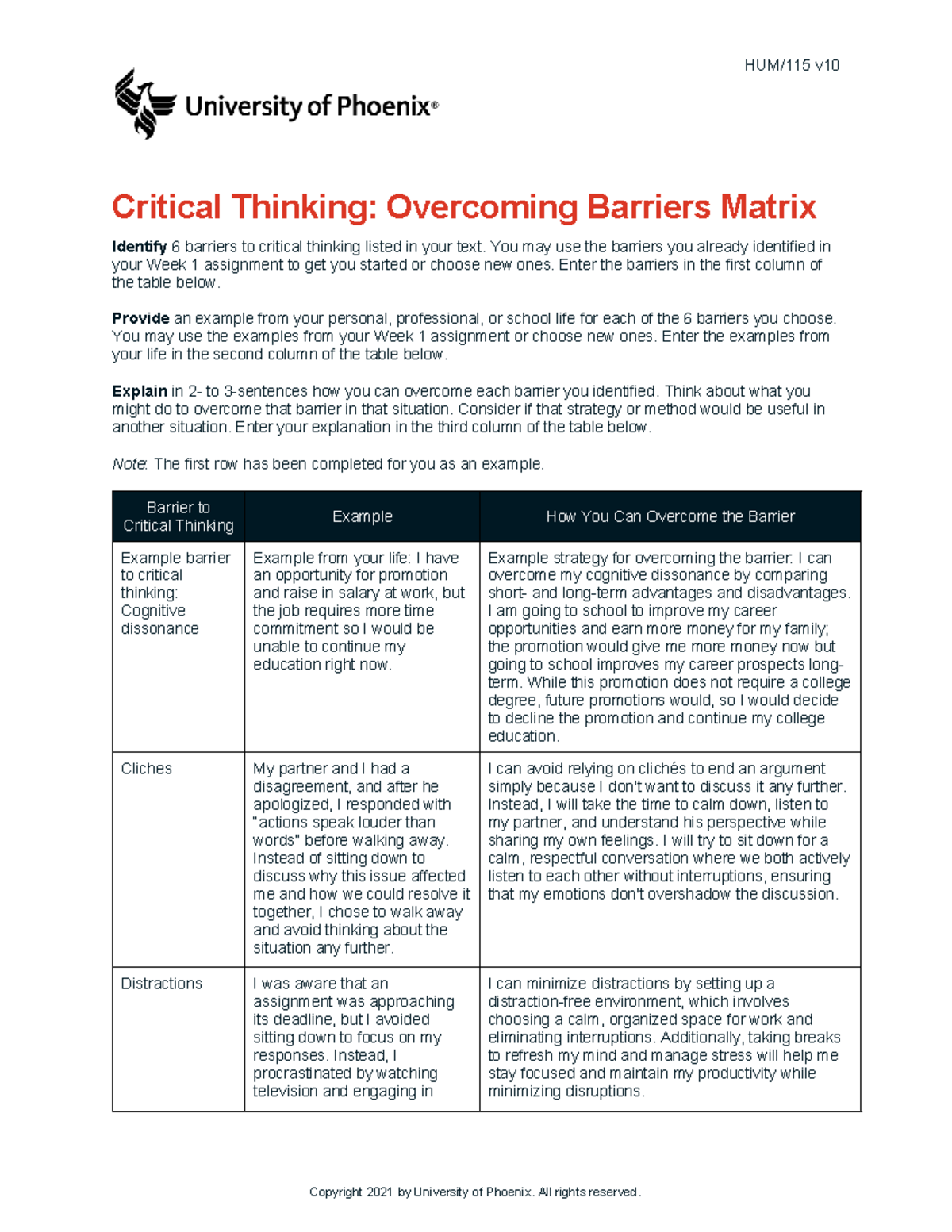 Hum115 week3 JC - week 3 - HUM/115 v Critical Thinking: Overcoming ...