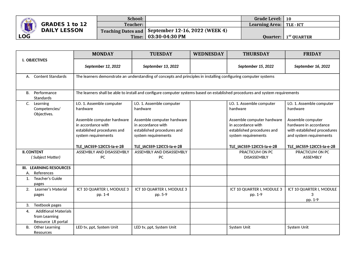 Dll Tle Ict Css 10 Q1 W4 - Dll - Grades 1 To 12 Daily Lesson Log School 