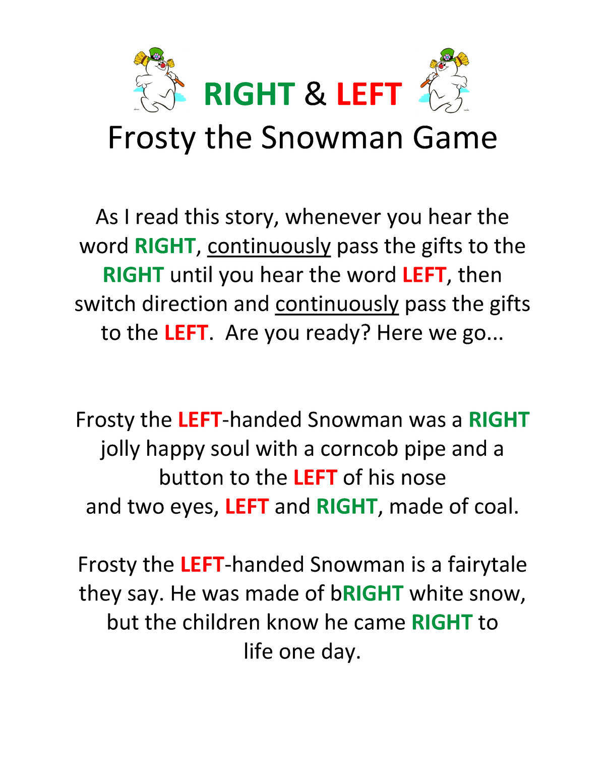 Right-left-frosty-game For Exchange Gifts - Right & Left Frosty The 