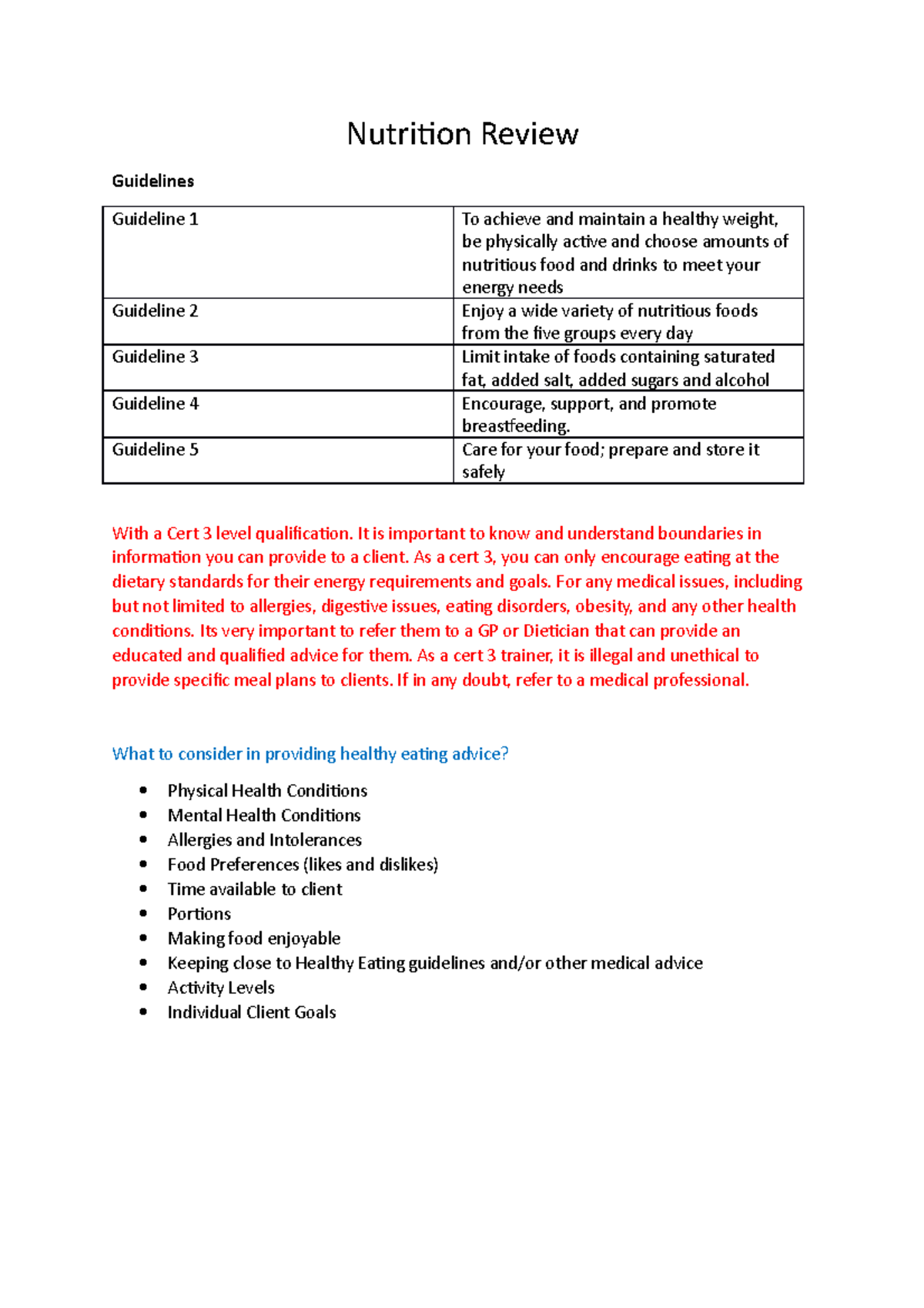 Nutrition Review- Cert 3 - Nutrition Review Guidelines Guideline 1 To ...