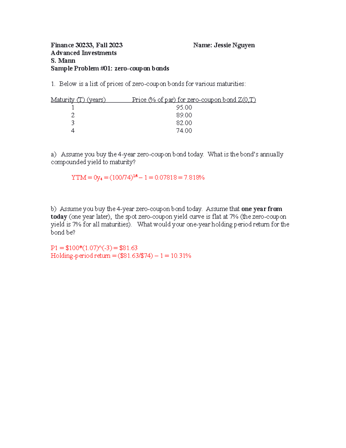 Fin30233 f2023 Sample problem 01 zero coupon bonds Finance 30233