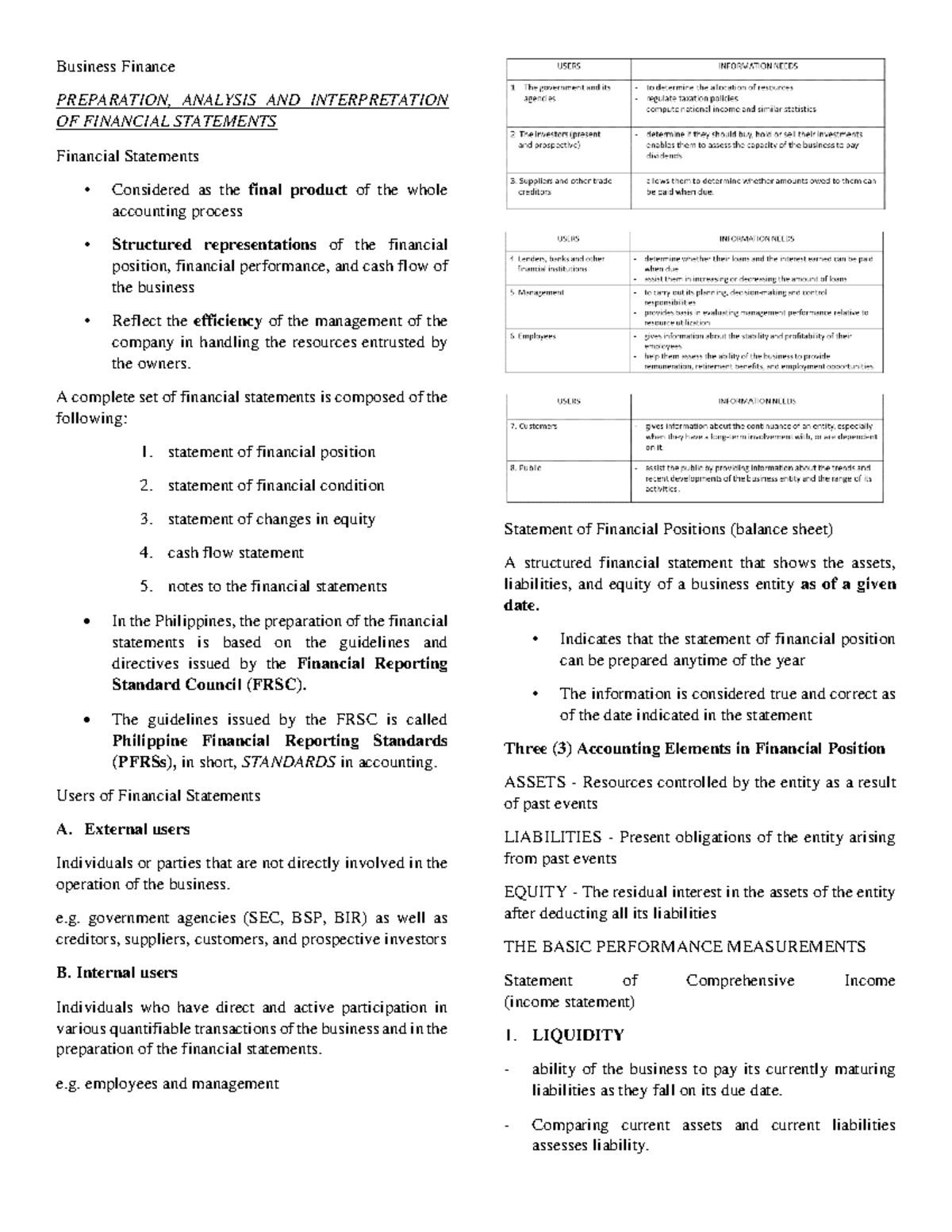 Business Finance Notes - Business Finance PREPARATION, ANALYSIS AND ...