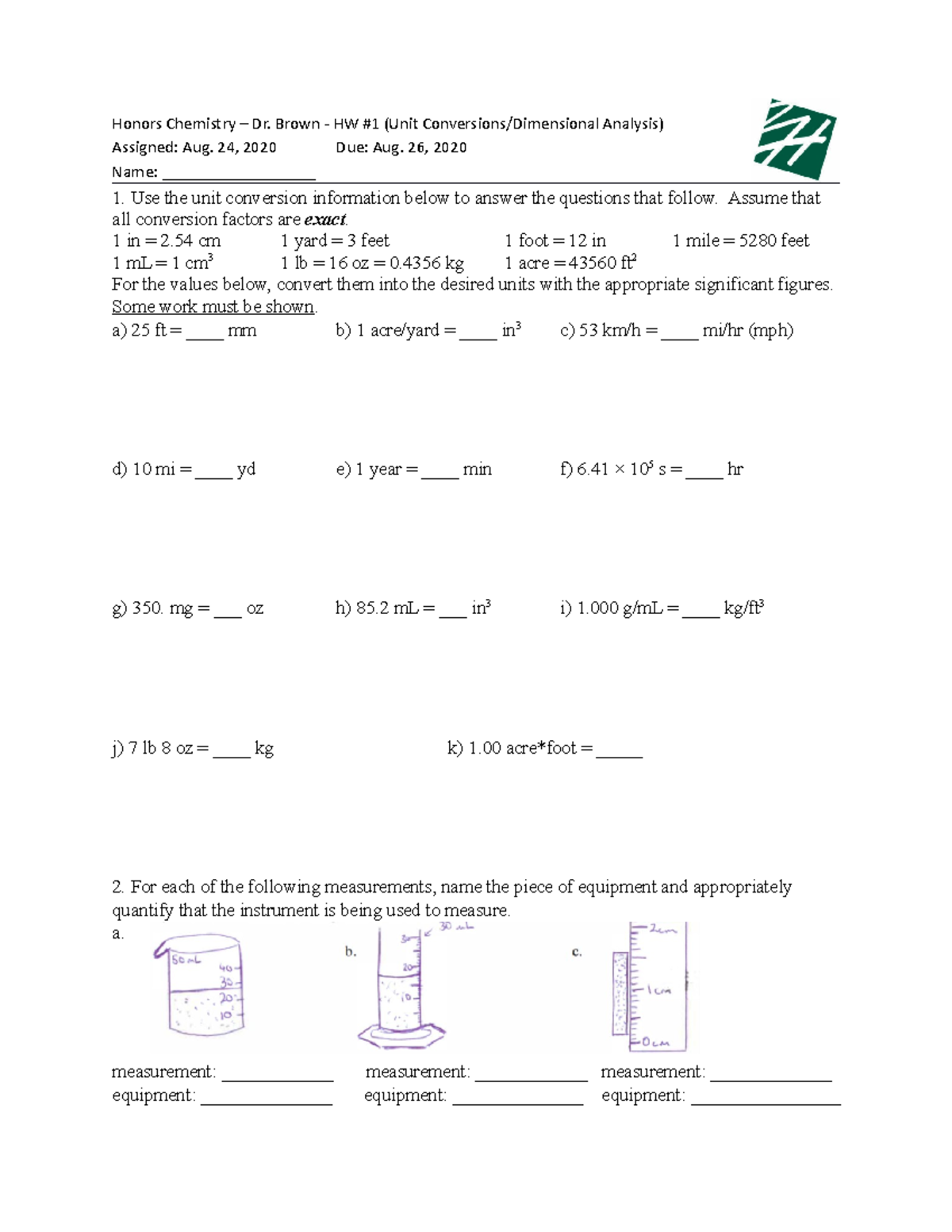 Measurment Materials and How to Use them - Honors Chemistry – Dr. Brown ...