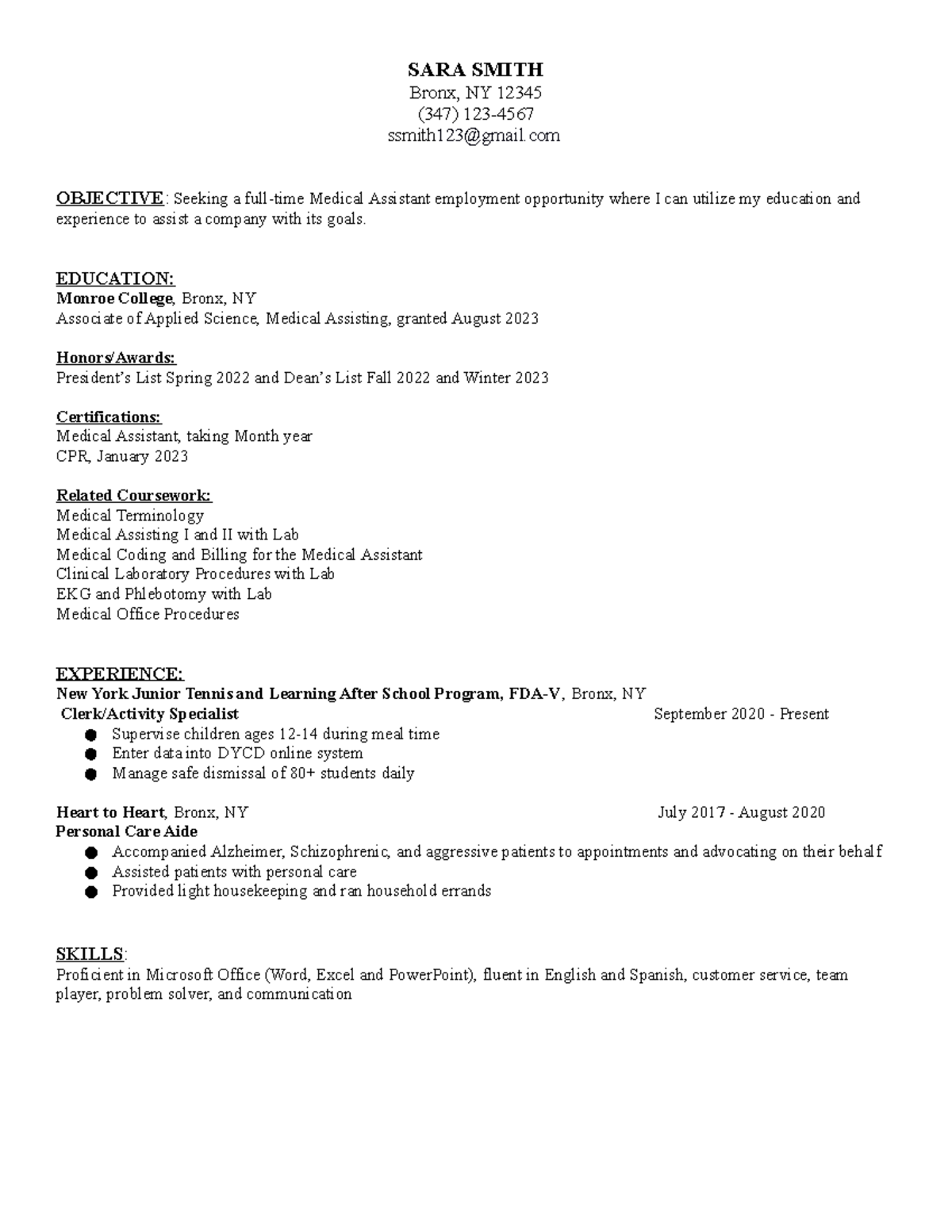 Sample Medical Assisting Resume (1) 2 - SARA SMITH Bronx, NY 12345 (347 ...