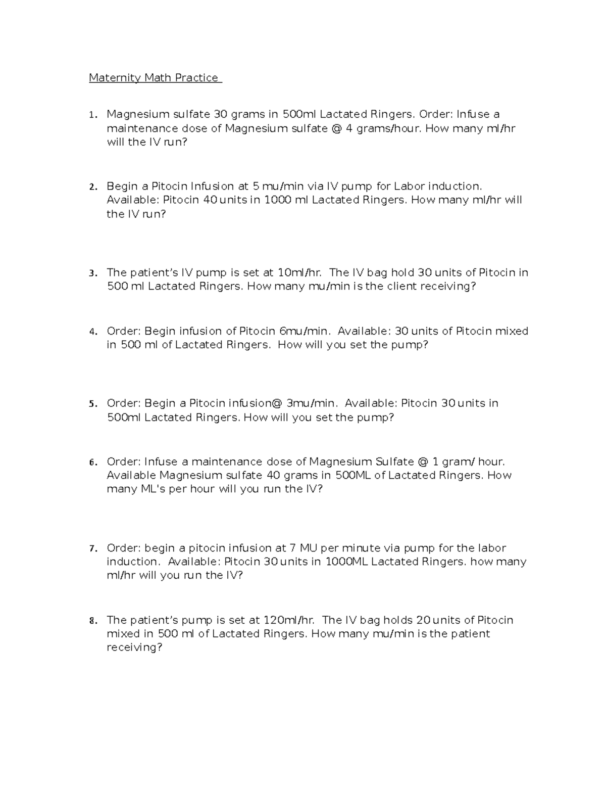 Maternity Practice Math Answers - Maternity Math Practice Magnesium ...