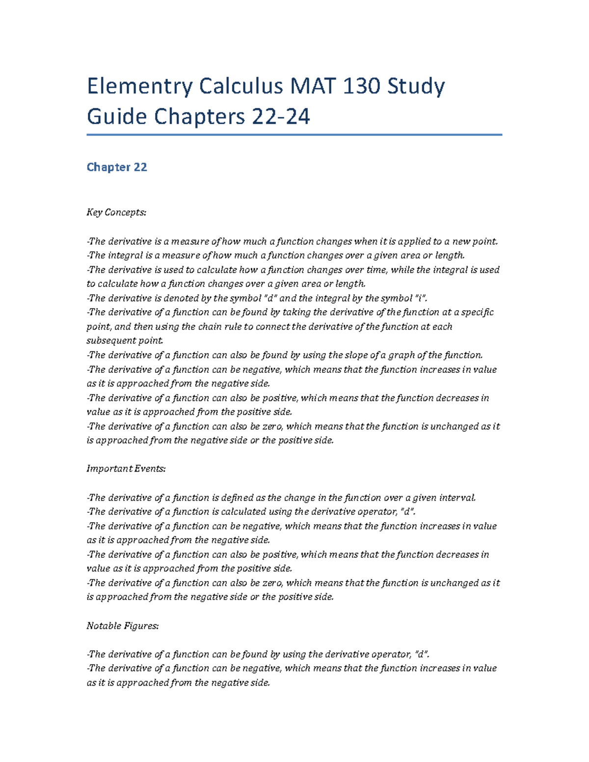Elementry Calculus MAT 130 Study Guide Chapters 22-24 - Elementry ...