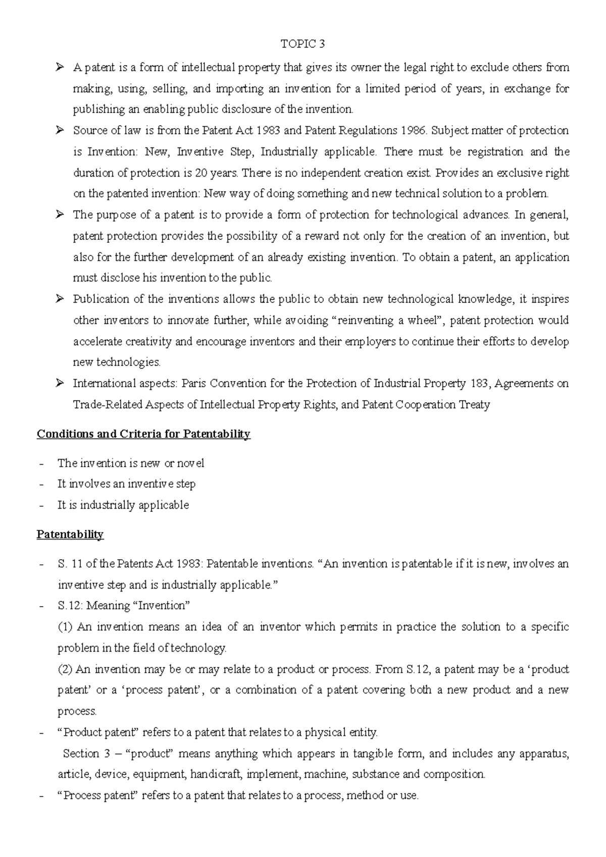 Topic 3 -patent ( intellectual property) - TOPIC 3 A patent is a form ...