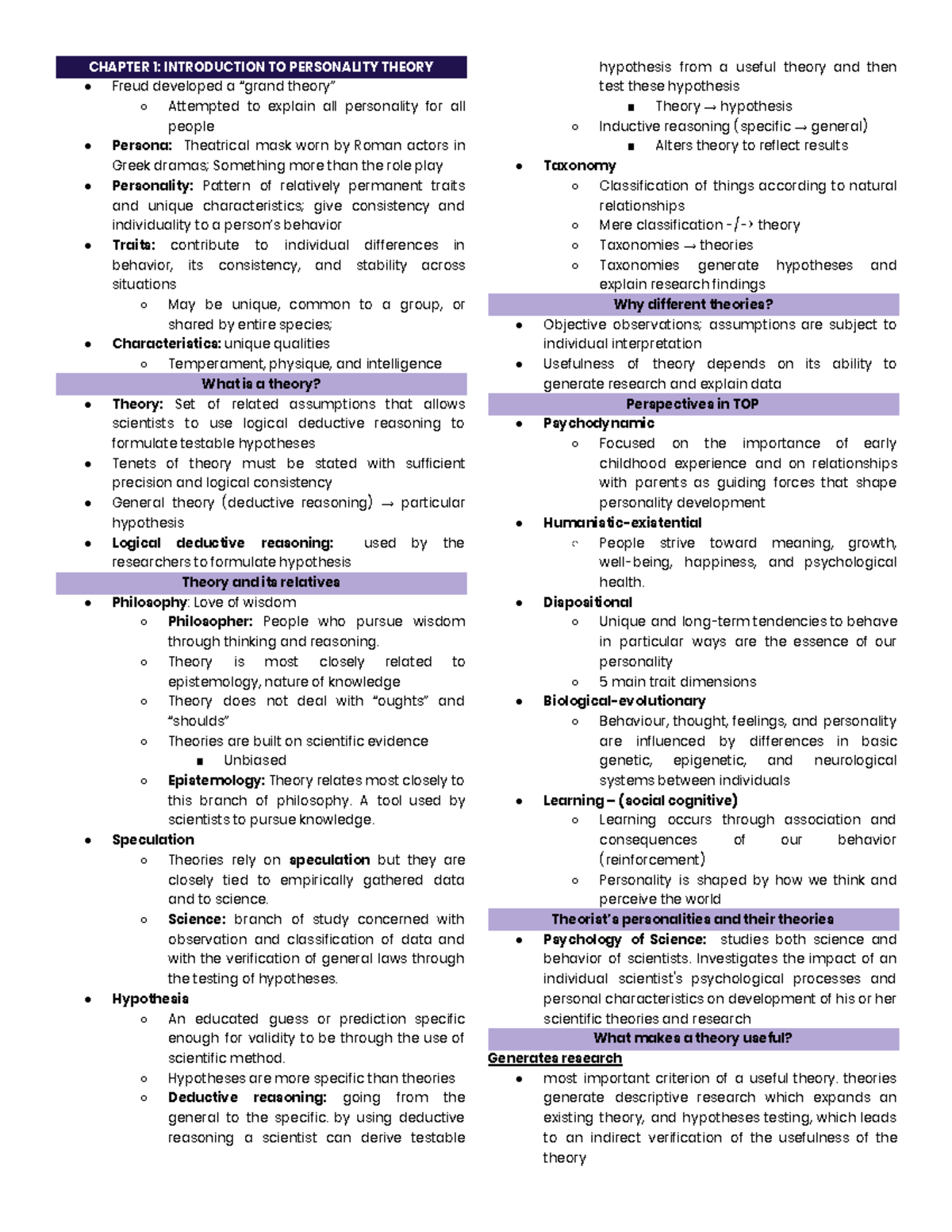 Theories of Personality Chapter 1-3 Summary - CHAPTER 1: INTRODUCTION ...