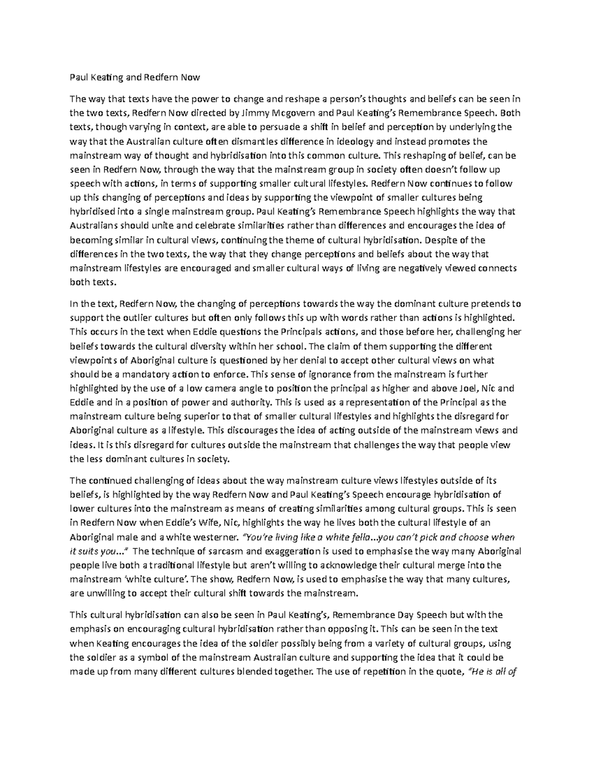 Paul Keating Speech Essay Paul Keating and Redfern Now The way that