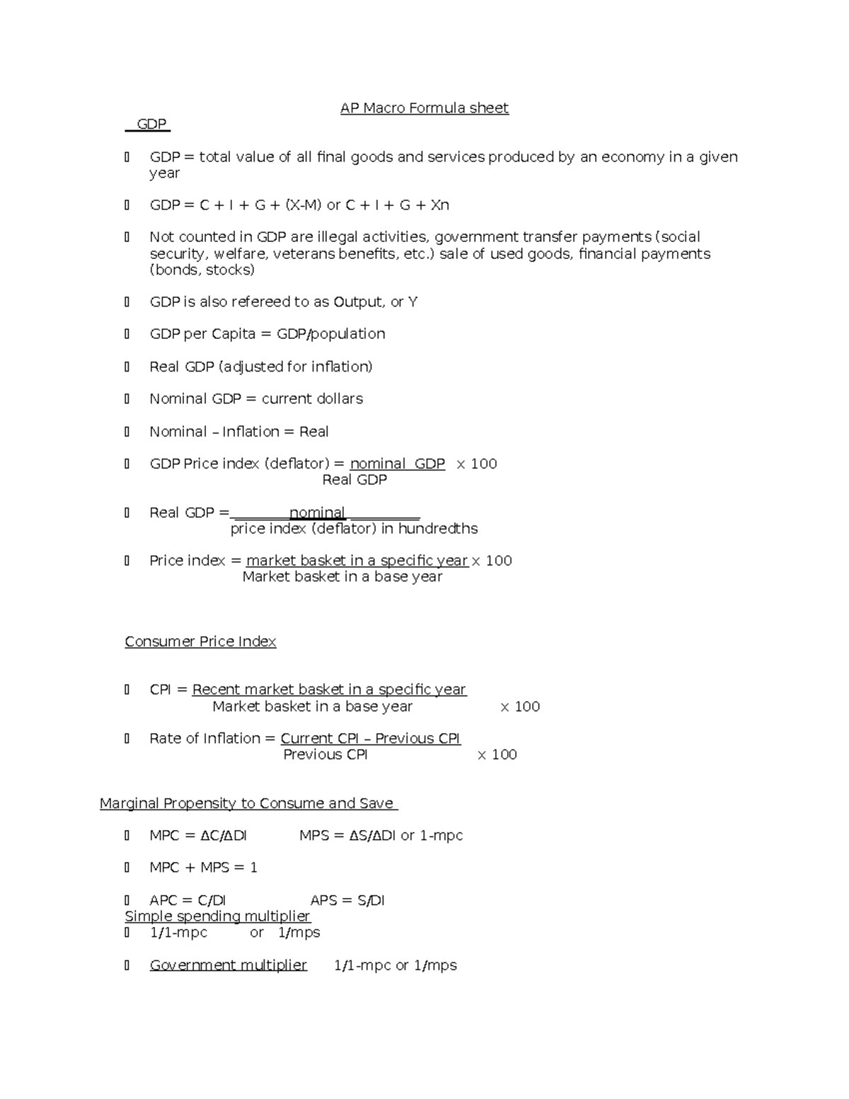 Economics Formula  List of Macro / Micro Economics Formulas