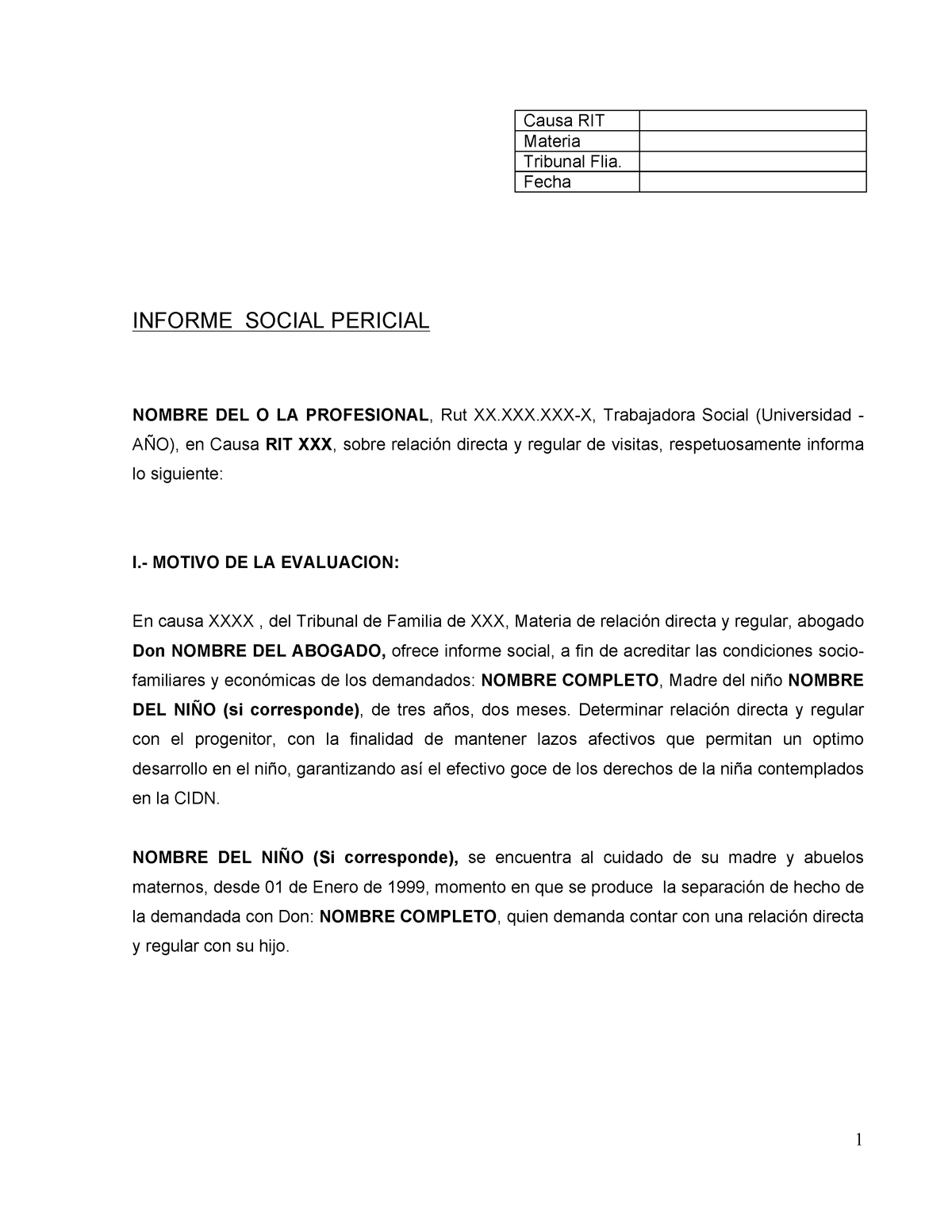 Ejemplo Informe Social Pericial Para Trabajo Social Causa Rit Materia