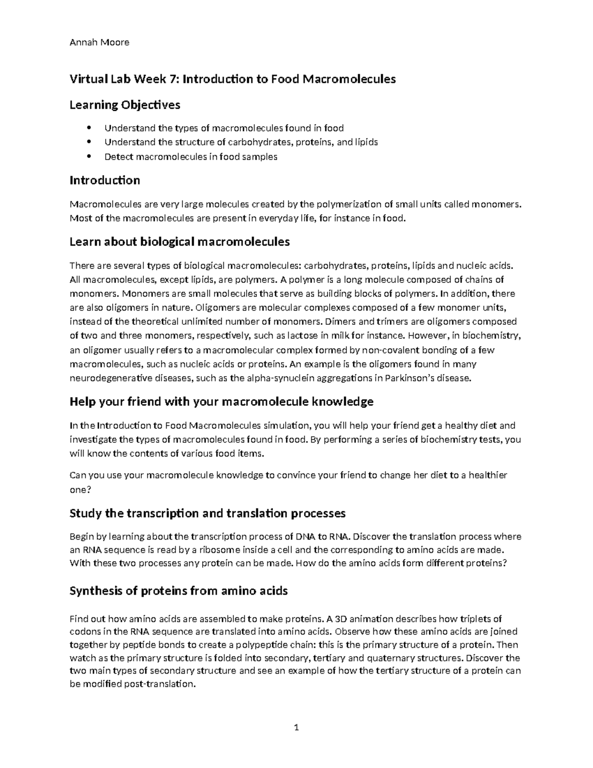 Week 7 LabIntroduction to Food Macromolecules and Protein Synthesis