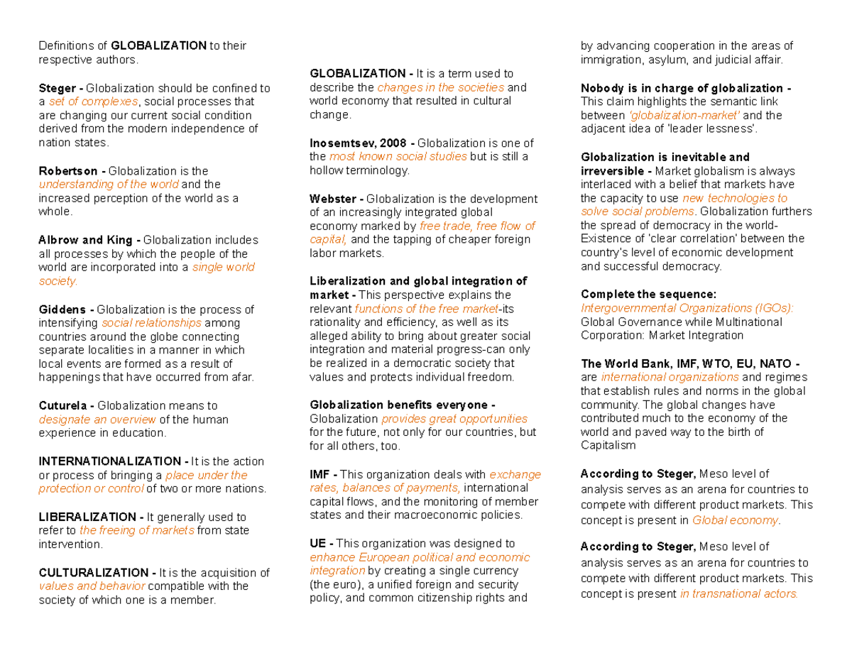 Globalization Preliminary - Definitions Of GLOBALIZATION To Their ...