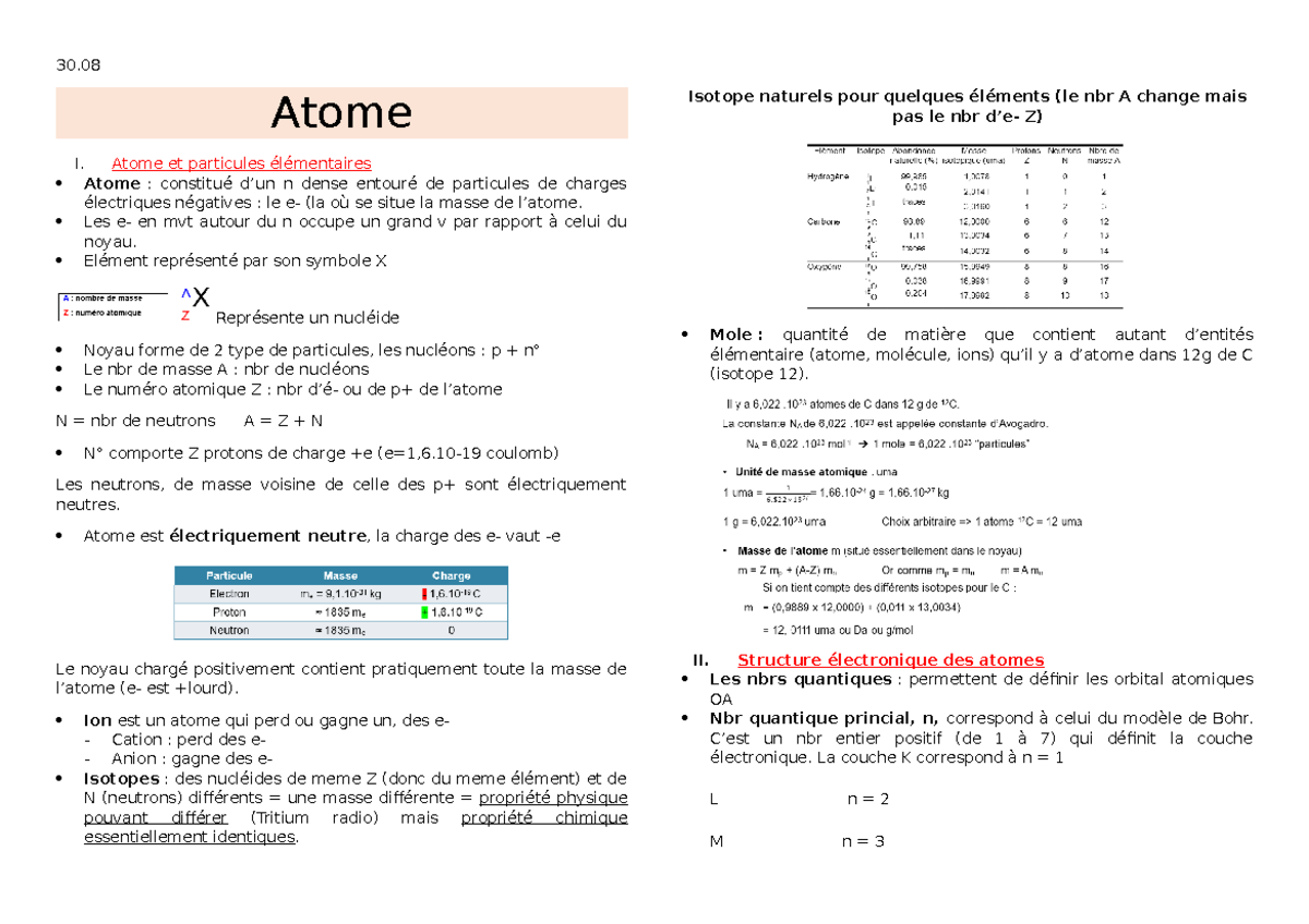 Atome chimie générale - 30. Atome I. Atome et particules élémentaires ...