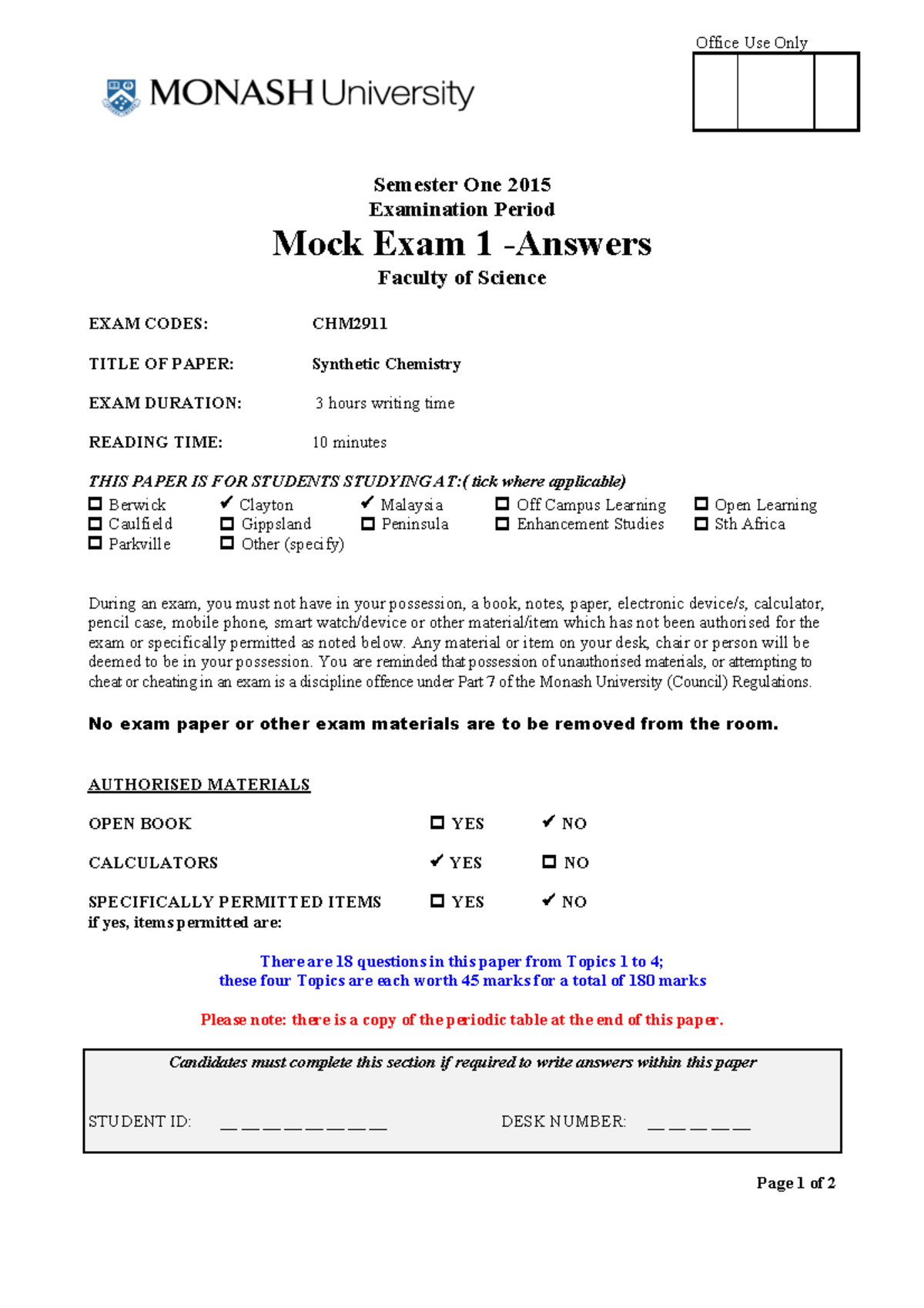 Sample/practice exam 2015, questions and answers - Office Use Only ...