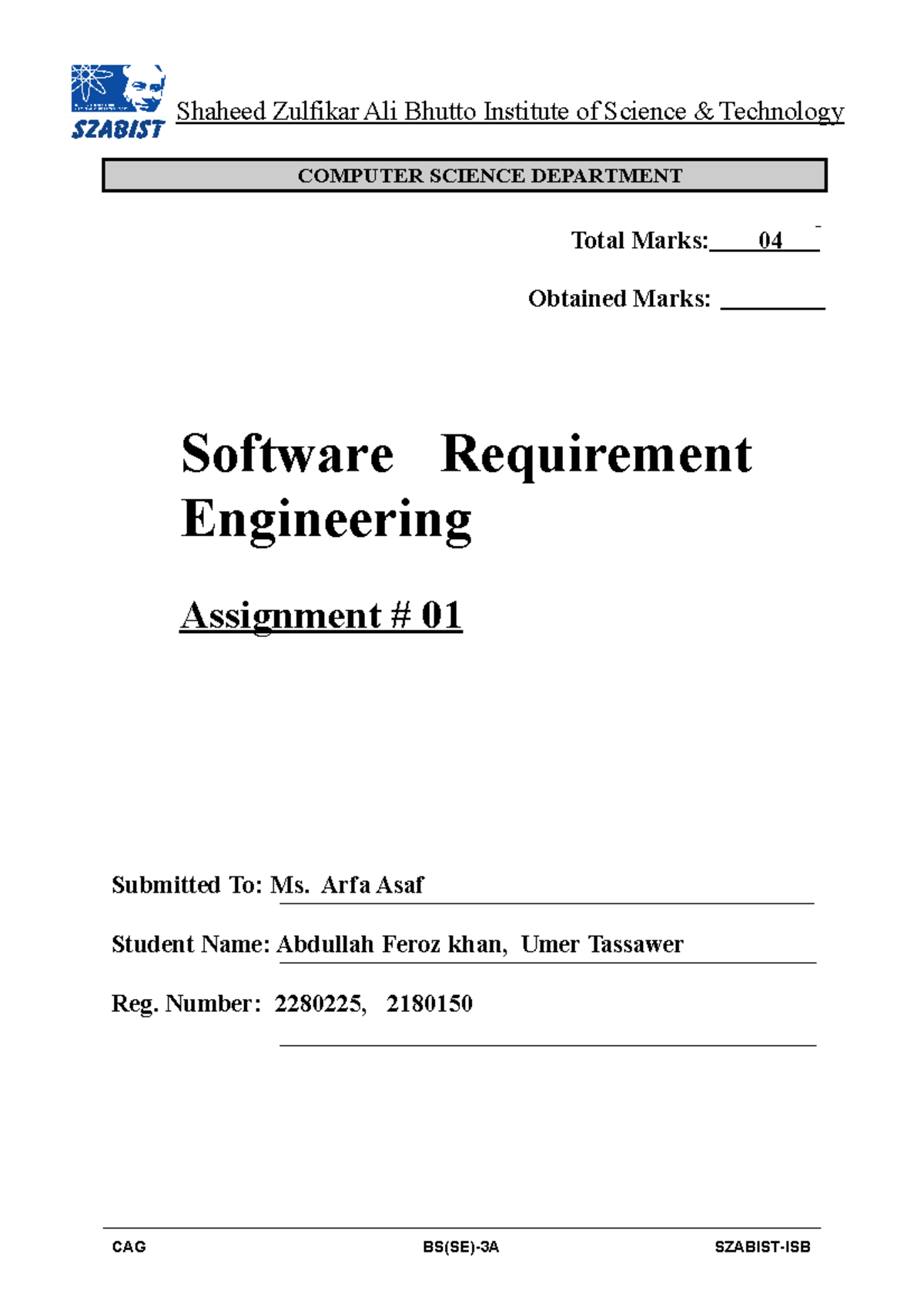 SRE P#1 2280225, 2180150 - Total Marks: 04 Obtained Marks: Software ...