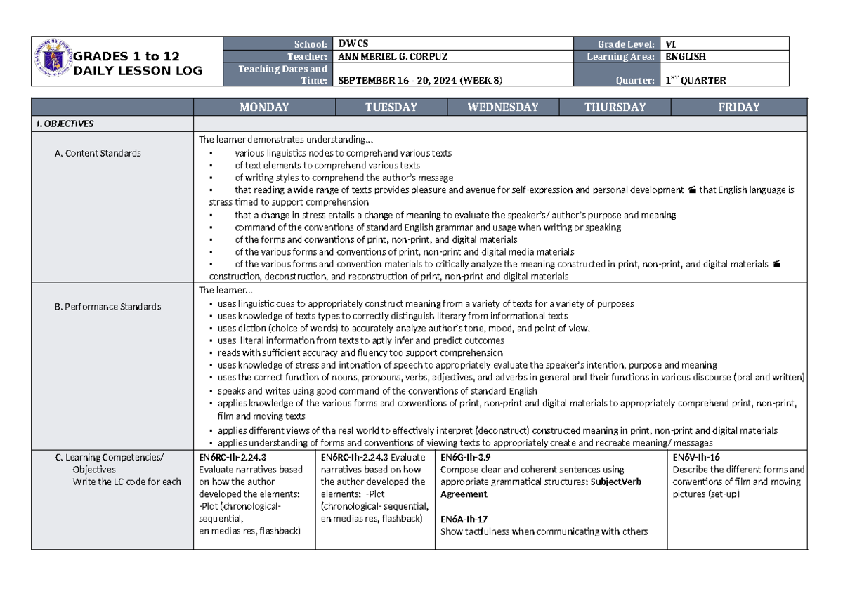 DLL English 6 Q1 W8 - lesson guide - GRADES 1 to 12 DAILY LESSON LOG ...