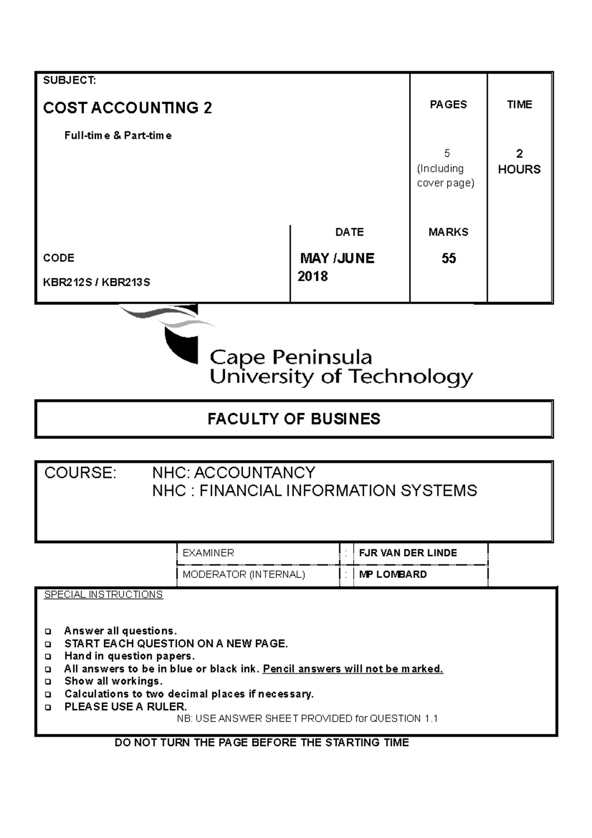 Test 16 May 2018, questions and answers - SUBJECT: COST ACCOUNTING 2 ...