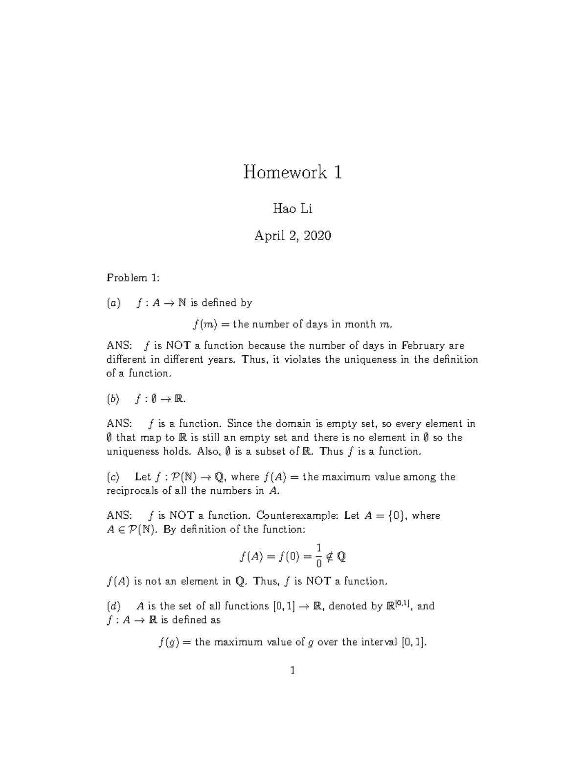 HW 1 - MATH 321 HW1 Solutions - Homework 1 Hao Li April 2, 2020 Problem ...