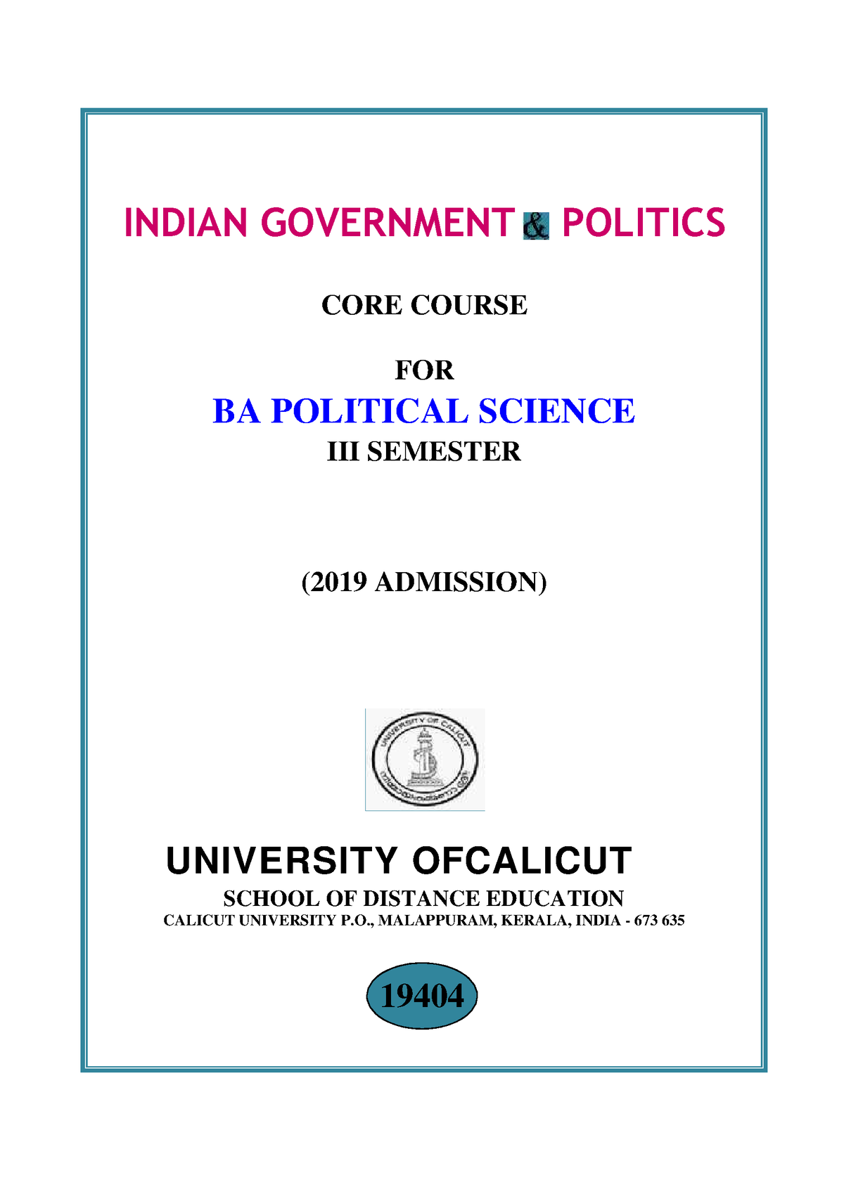 Third Sem Politics - INDIAN GOVERNMENT POLITICS CORE COURSE FOR BA ...