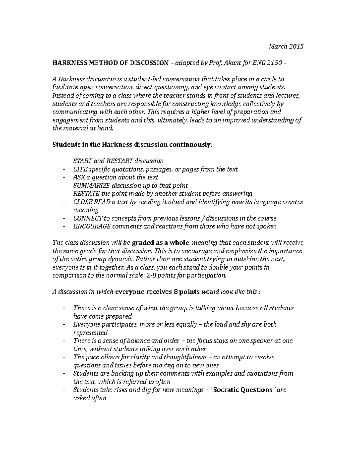 HarknessDiscussionGuide March 2015 HARKNESS METHOD OF DISCUSSION