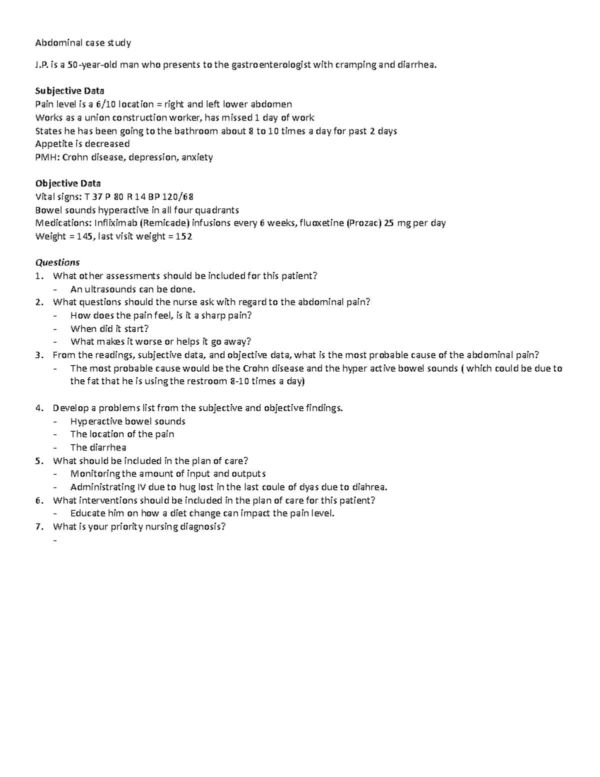 Abdominal case study Class work Abdominal case study J. is a 50