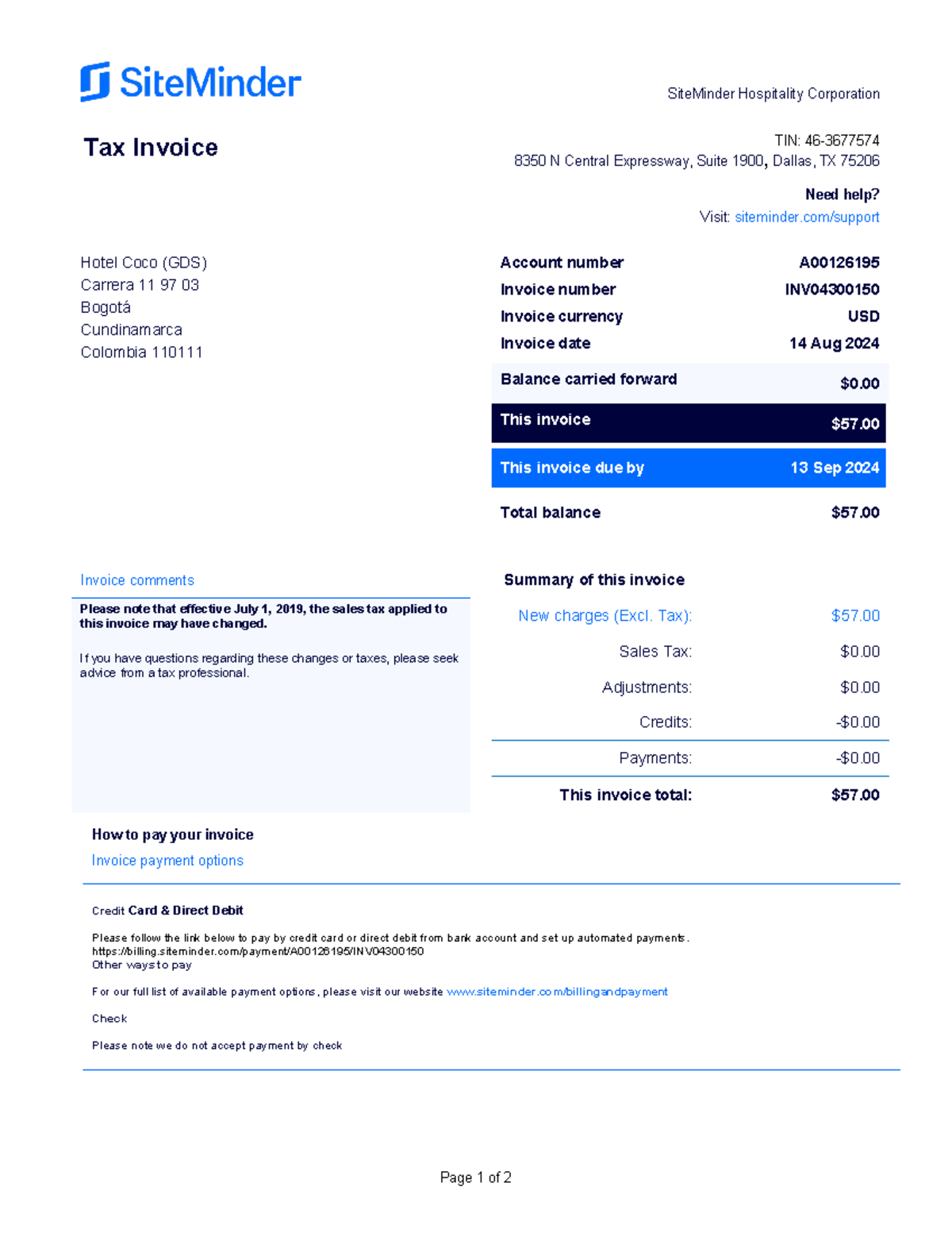 Factura GDS Siteminder - SiteMinder Hospitality Corporation Page 1 of 2 ...